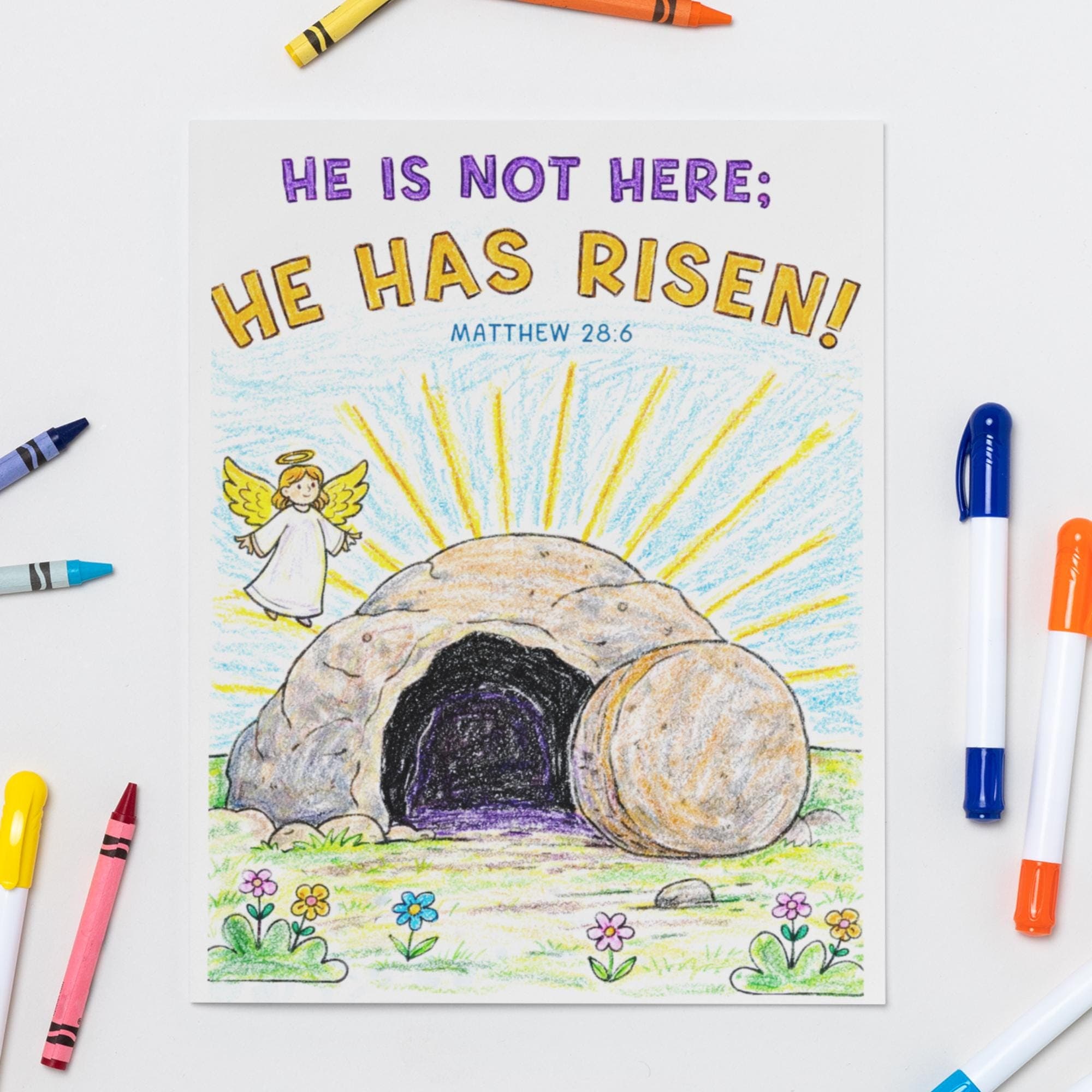 Easter Bible coloring page for kids with Matthew 28:6 He is not here He has risen, Christian printable Bible activity.