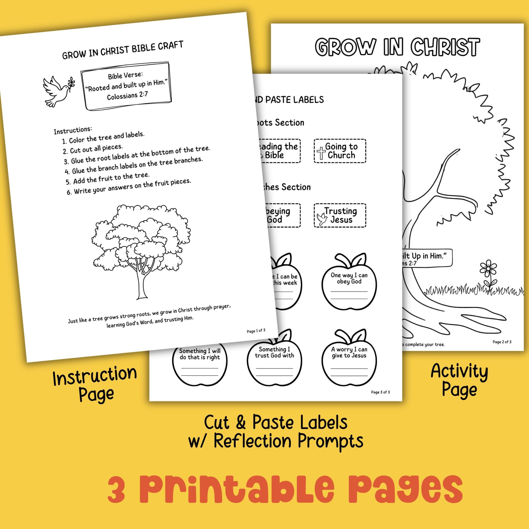 3 page Bible craft printable set instruction page tree activity page and cut and paste labels, Christian kids worksheet bundle Sunday school PDF.