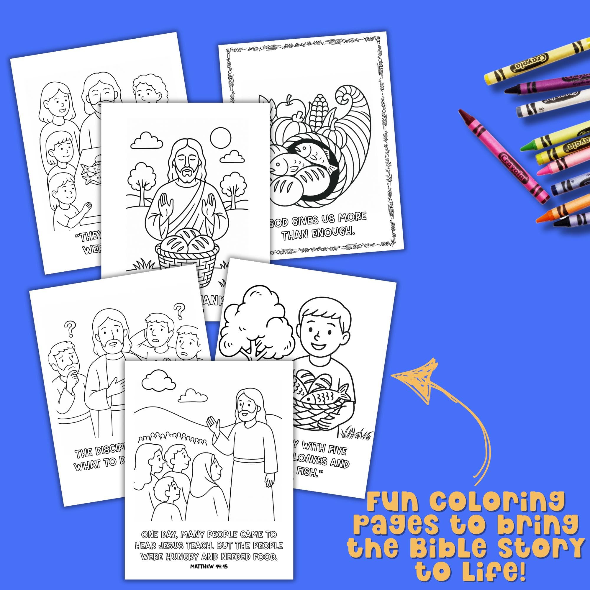Bible coloring pages for kids featuring Jesus Feeds the 5000 Loaves and Fish story. Fun Christian activities for homeschool, church quiet book, and kid Bible lessons. Activity book printable with scripture learning.