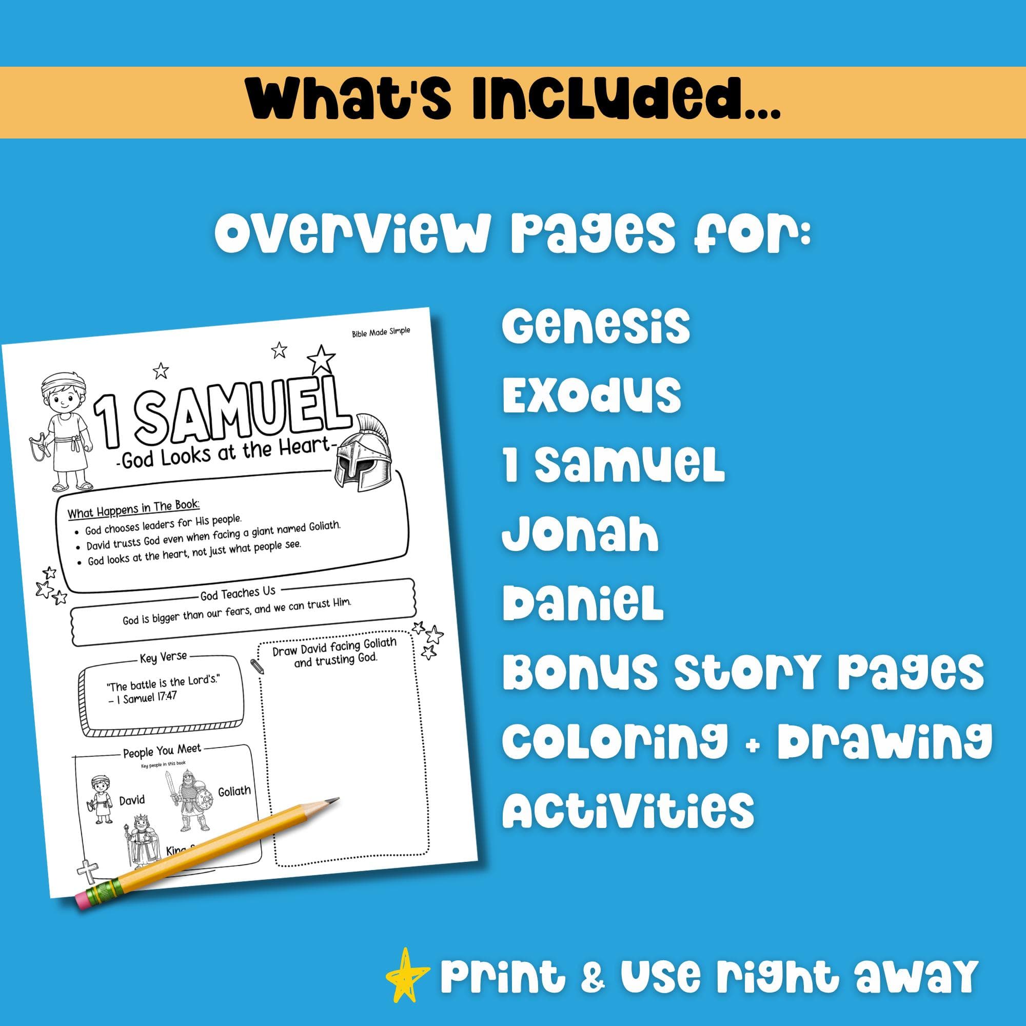 Bible study resource for kids includes Genesis Exodus 1 Samuel Jonah Daniel bonus story pages Bible overview printable bundle