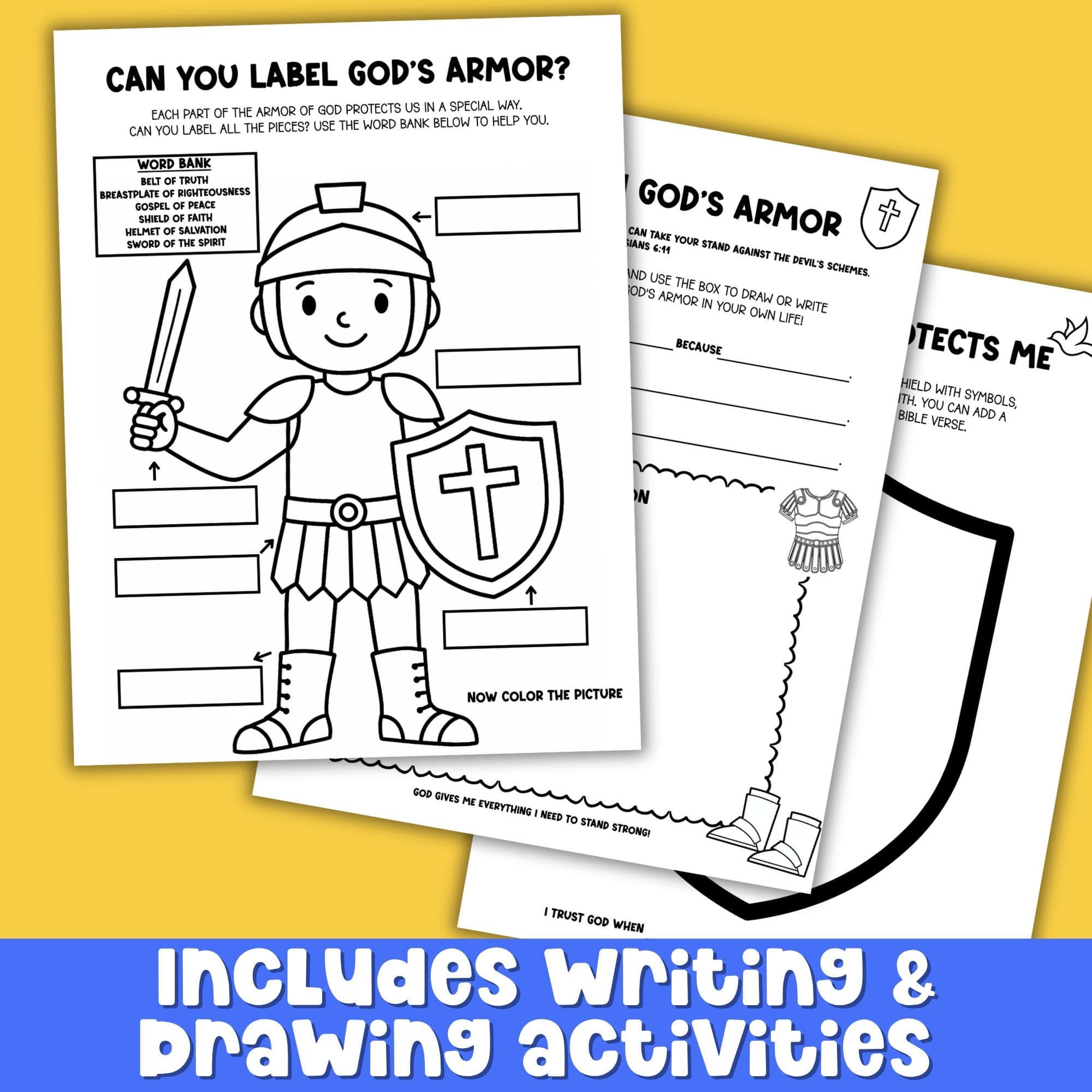 Armor of God Bible verse tracing sheets for kids. Printable handwriting practice pages featuring scripture from Ephesians 6 with cute illustrations of armor pieces, perfect for Sunday school or homeschool lessons.
