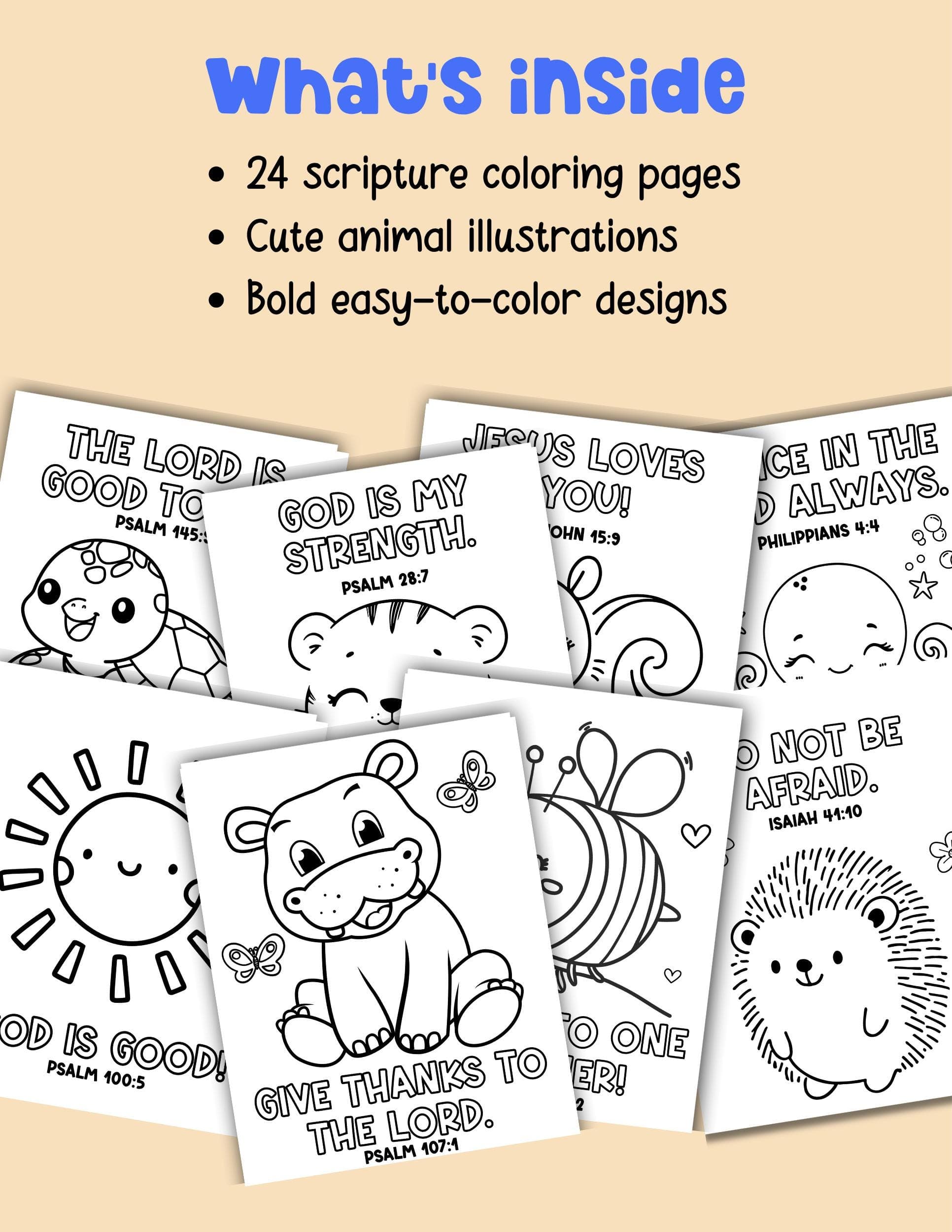 What’s inside Bible coloring book for kids collage showing animal scripture coloring pages and simple Christian coloring sheets.