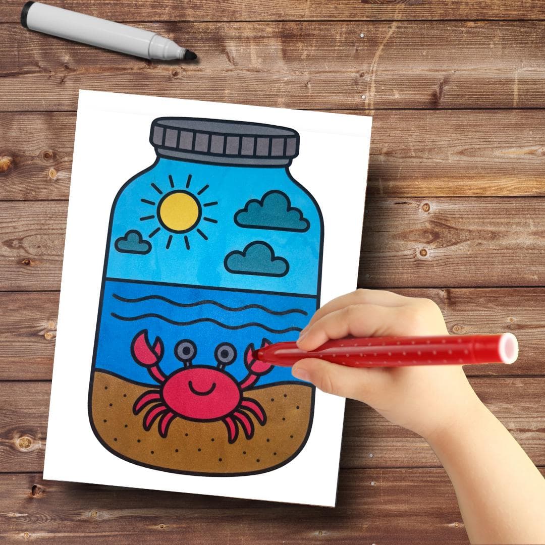 Kid coloring a jar coloring page with a ocean scene and crab beach print.