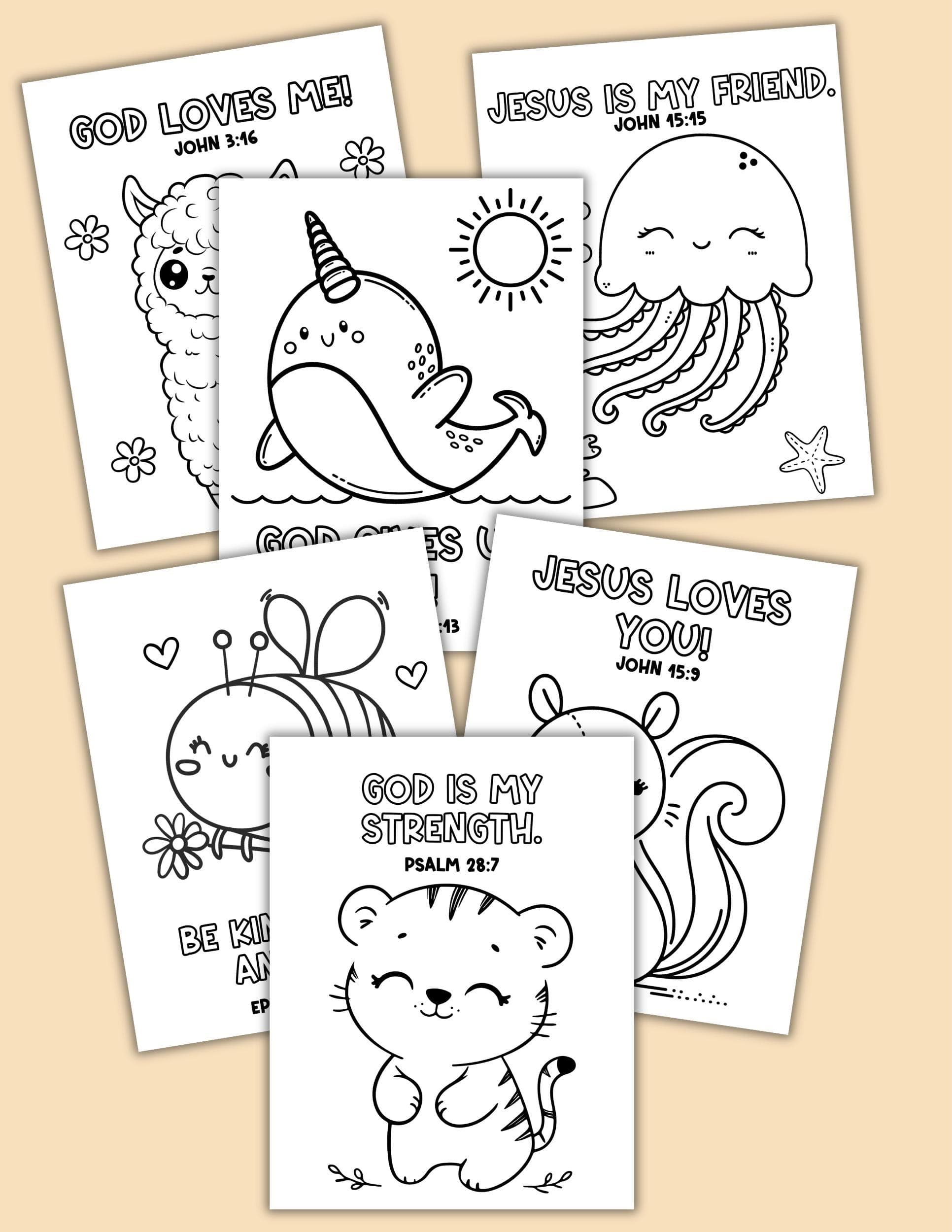 Bible verse coloring pages for kids collage with lamb bee lion and animal scripture coloring pages.