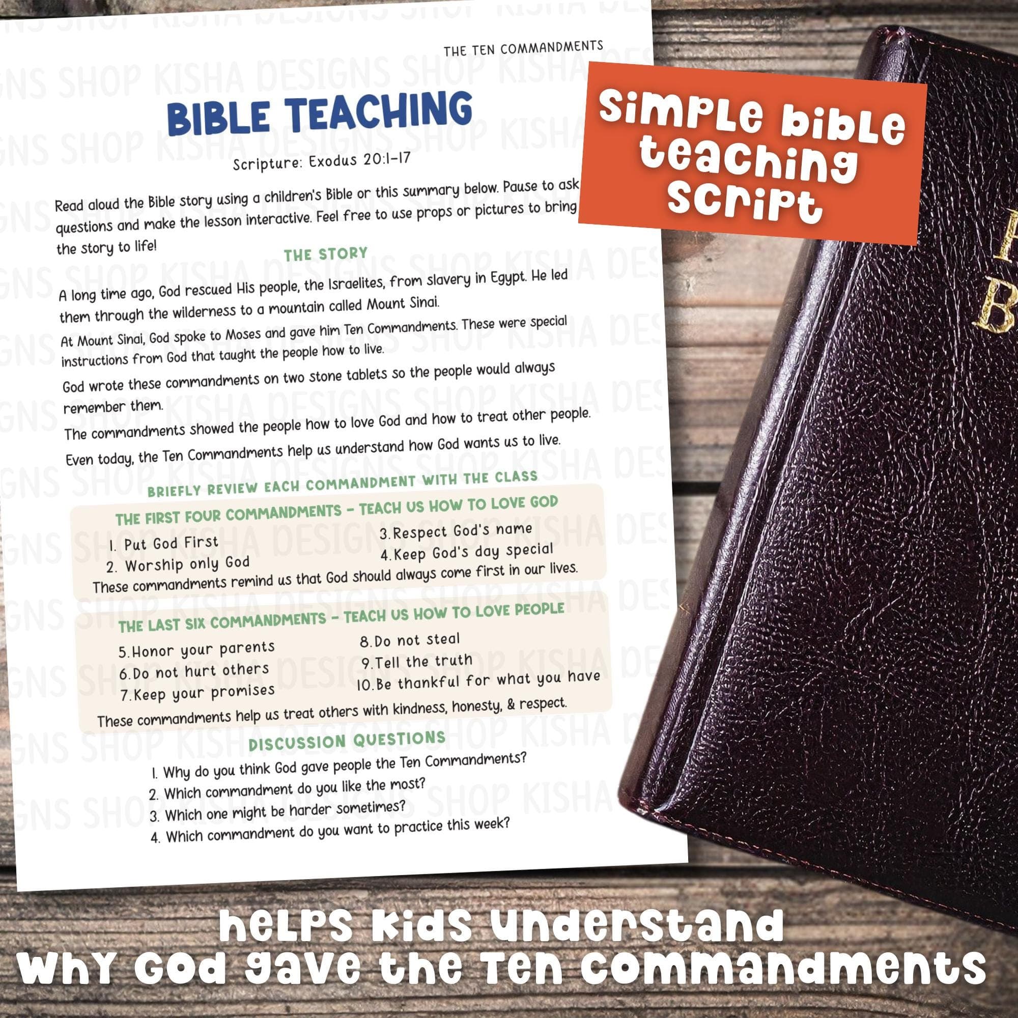 Simple Bible teaching script explaining the Ten Commandments for children including discussion prompts and scripture summary.