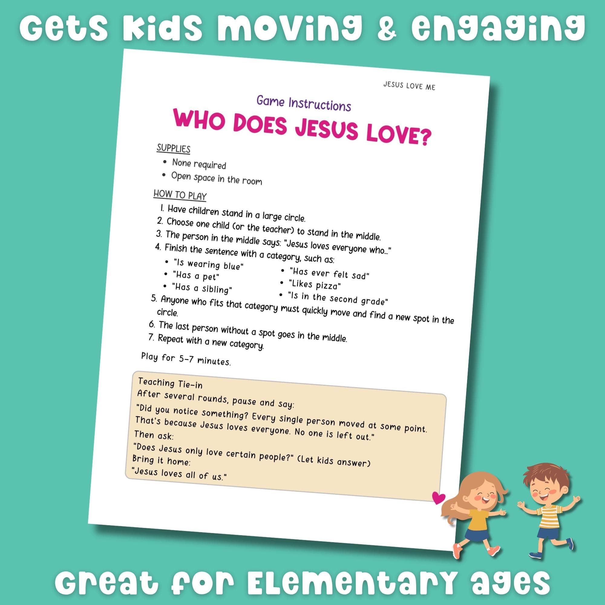 Christian classroom movement game “Who Does Jesus Love?” interactive Sunday School activity for elementary Bible study kids.