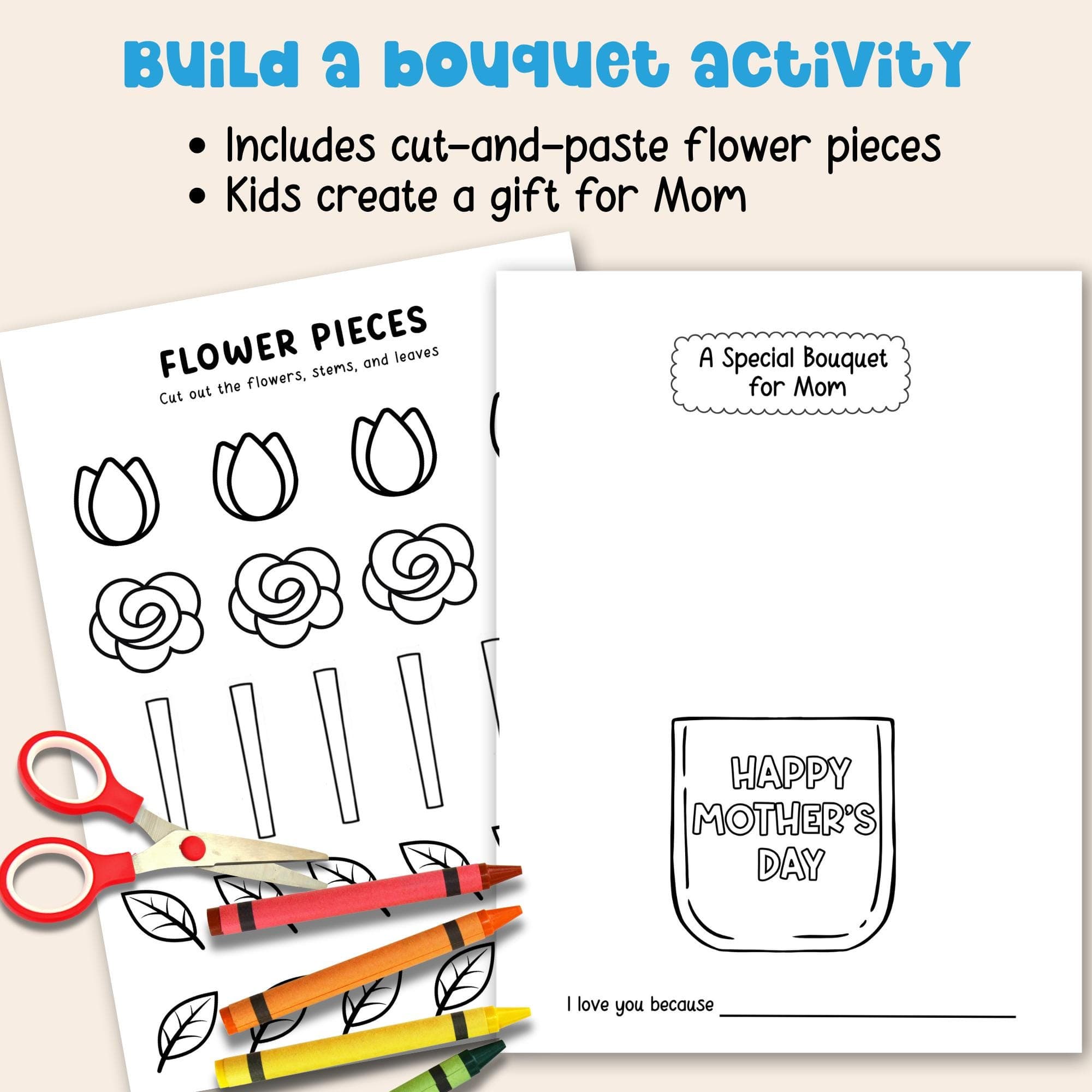 Build a bouquet craft printable flower pieces cut and paste activity kids Mother’s Day Christian worksheet.