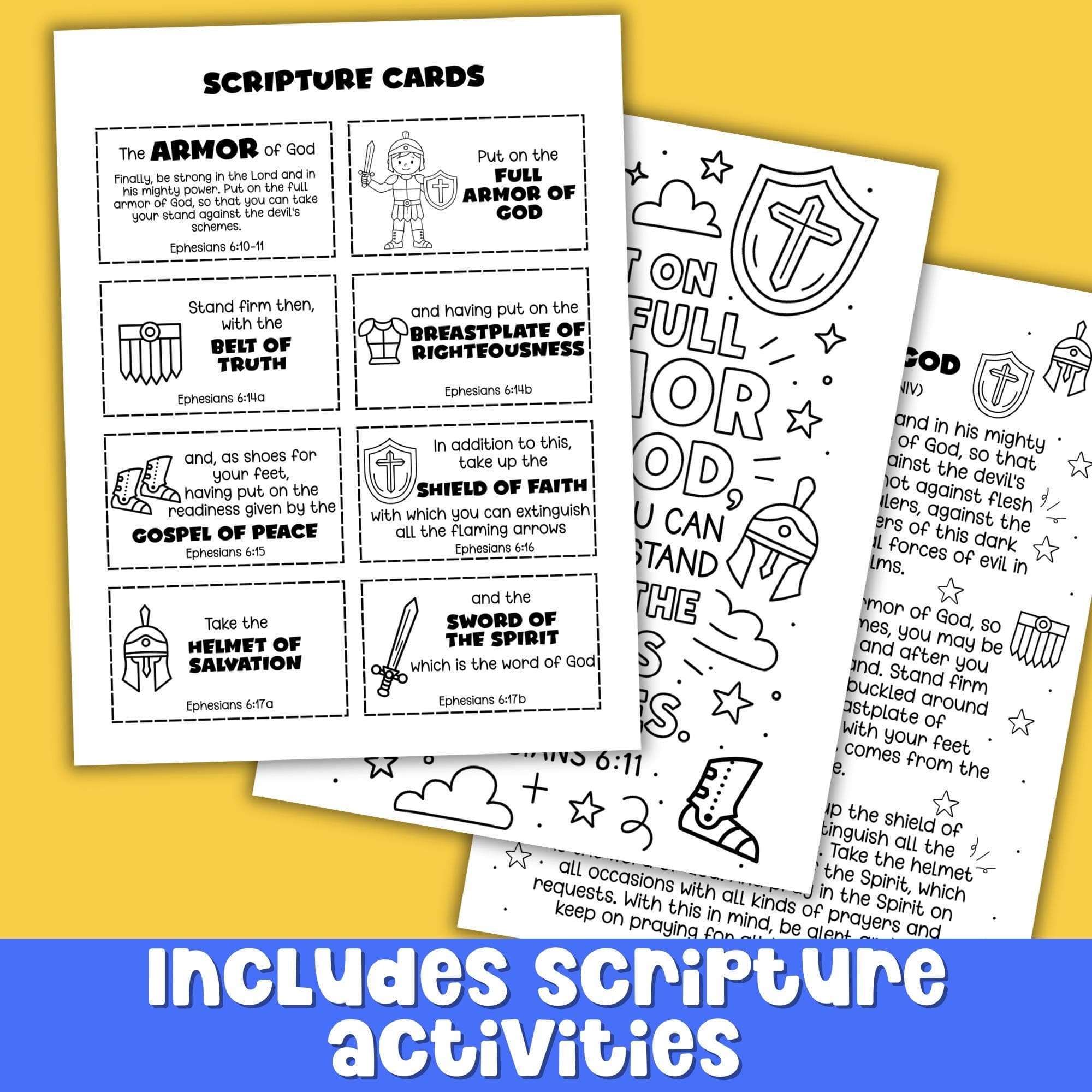 Bible activity coloring page teaching Ephesians 6:10–18 with shield, helmet, and sword illustrations for children to color and learn.