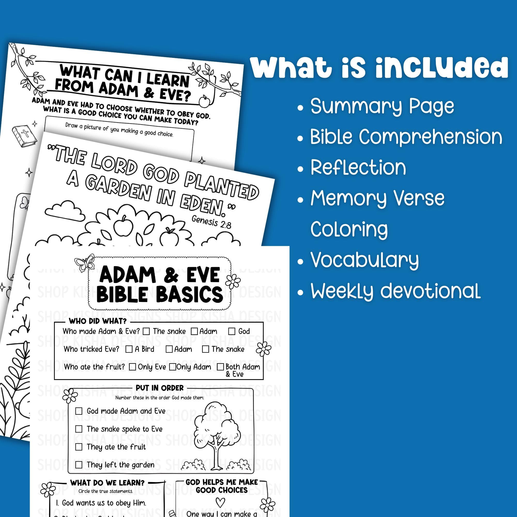 Adam and Eve Bible lesson for kids worksheet bundle, includes Bible summary, reflection, vocabulary, memory verse coloring and Christian coloring activities.