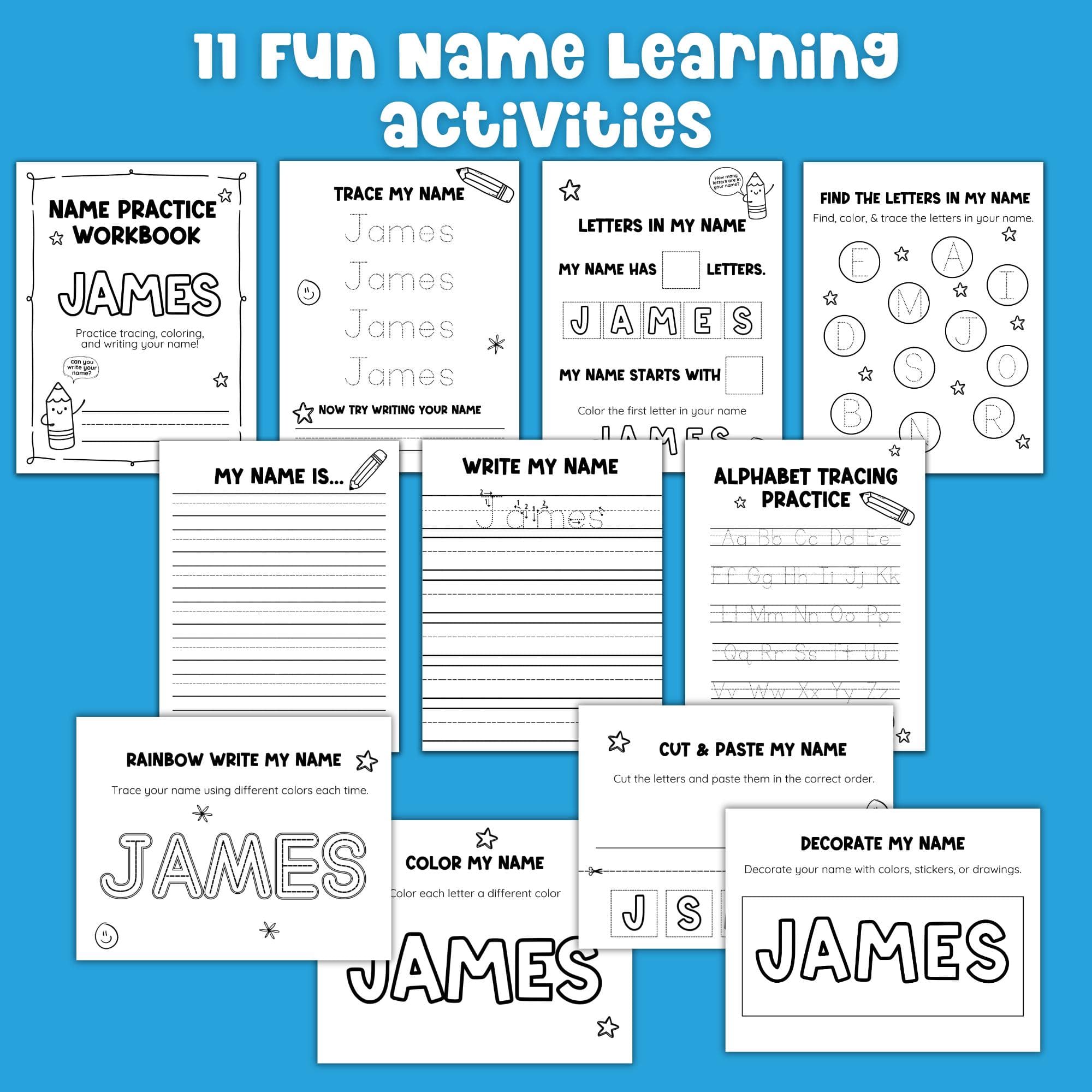 Preschool name tracing workbook printable with 11 name learning activities including trace name, rainbow write name, letter recognition and handwriting practice.