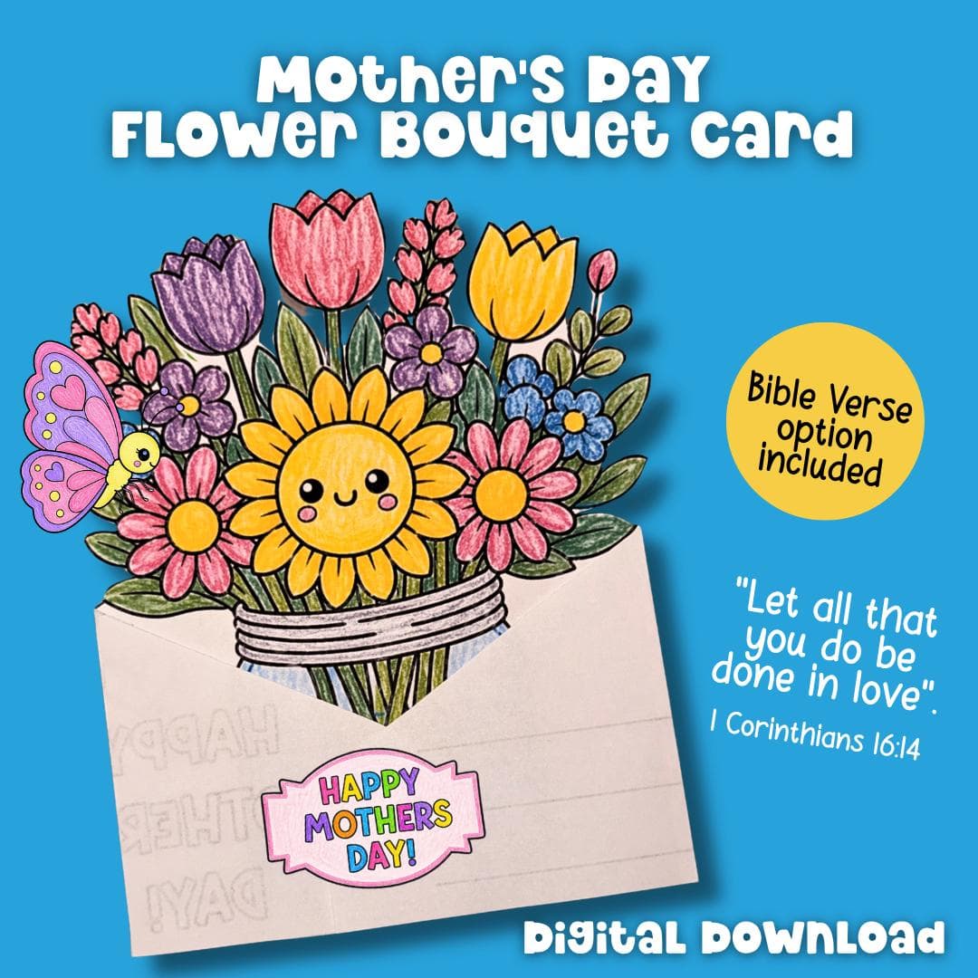 Bouquet Card for Mom Cut and Paste Mothers Day Activity Printable Mom Gift Bible Verse Coloring Craft Christian Mom Gift Sunday School Craft