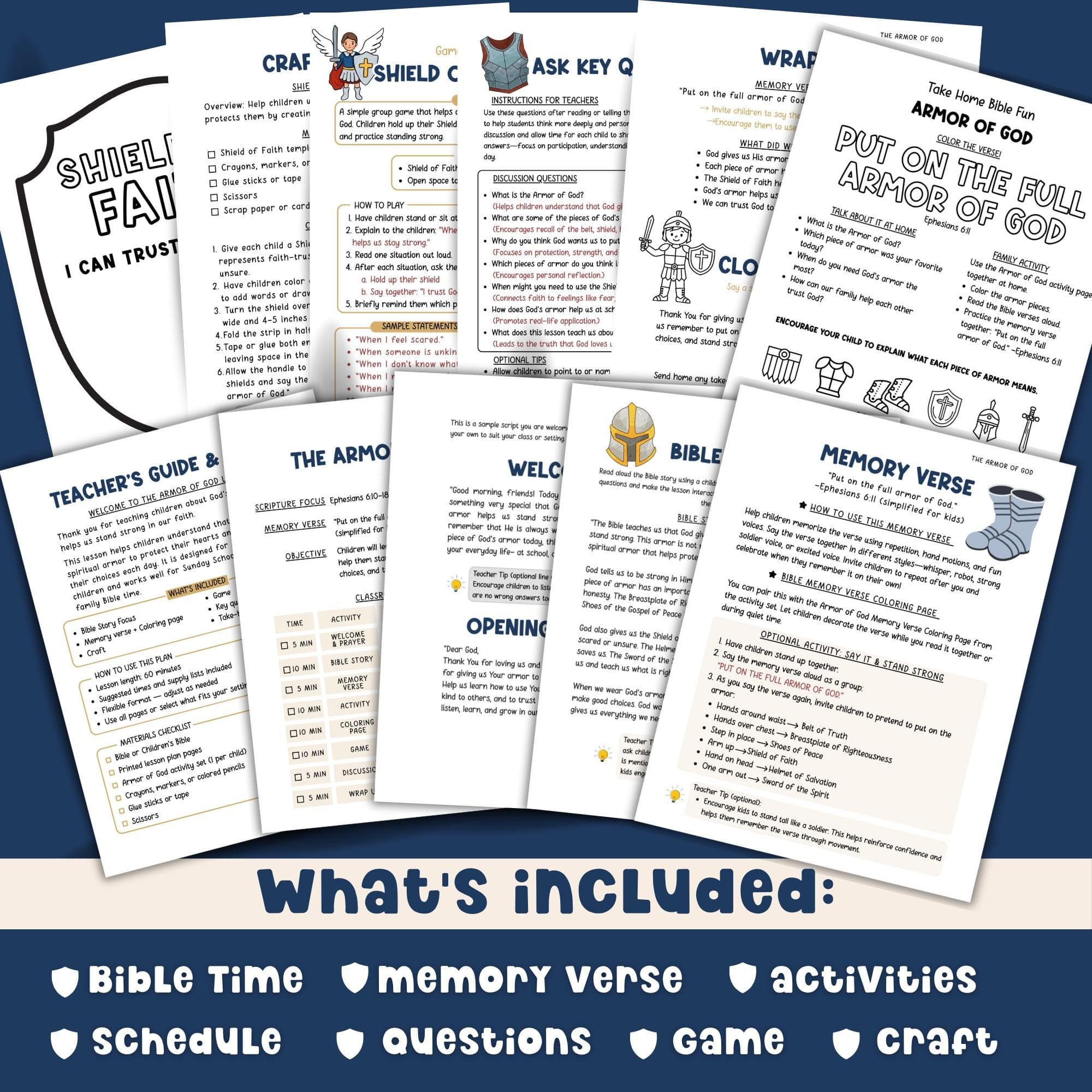 What’s included in the Armor of God Bible lesson plan for kids, including Bible story, memory verse, activities, discussion questions, craft, game, and take-home sheet.