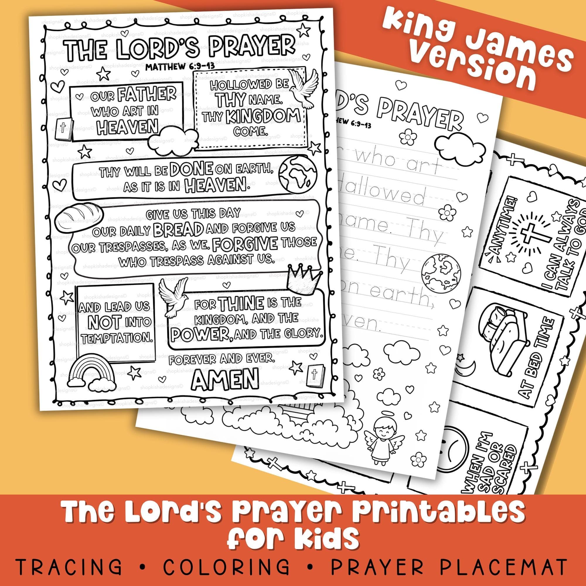Lord’s Prayer printable activity bundle for kids including tracing worksheets, coloring page, and prayer placemat for Sunday school and homeschool Bible lessons.