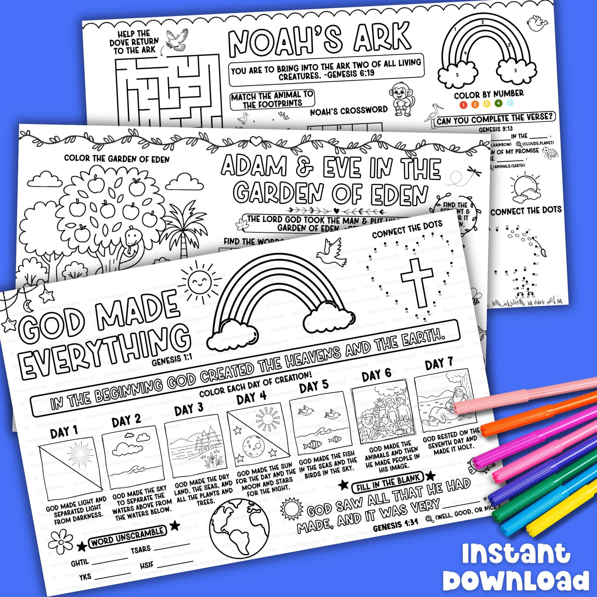 Bible Story Printable Activity Placemat Coloring Page Word Search Puzzle Sunday School Craft Bible Verse Coloring Genesis Bible Characters