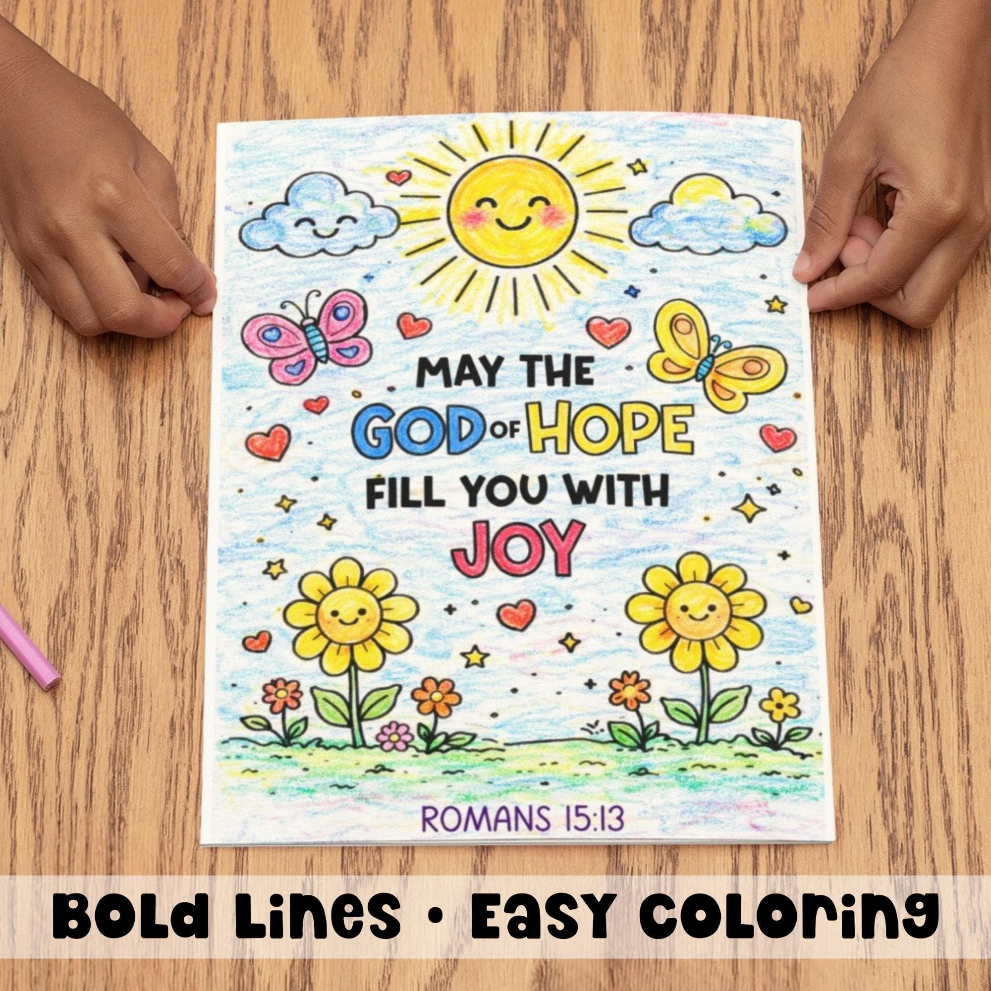 Kids Bible coloring page colored with crayons featuring Romans 15:13, faith coloring activity with gospel coloring and Christian scripture art.