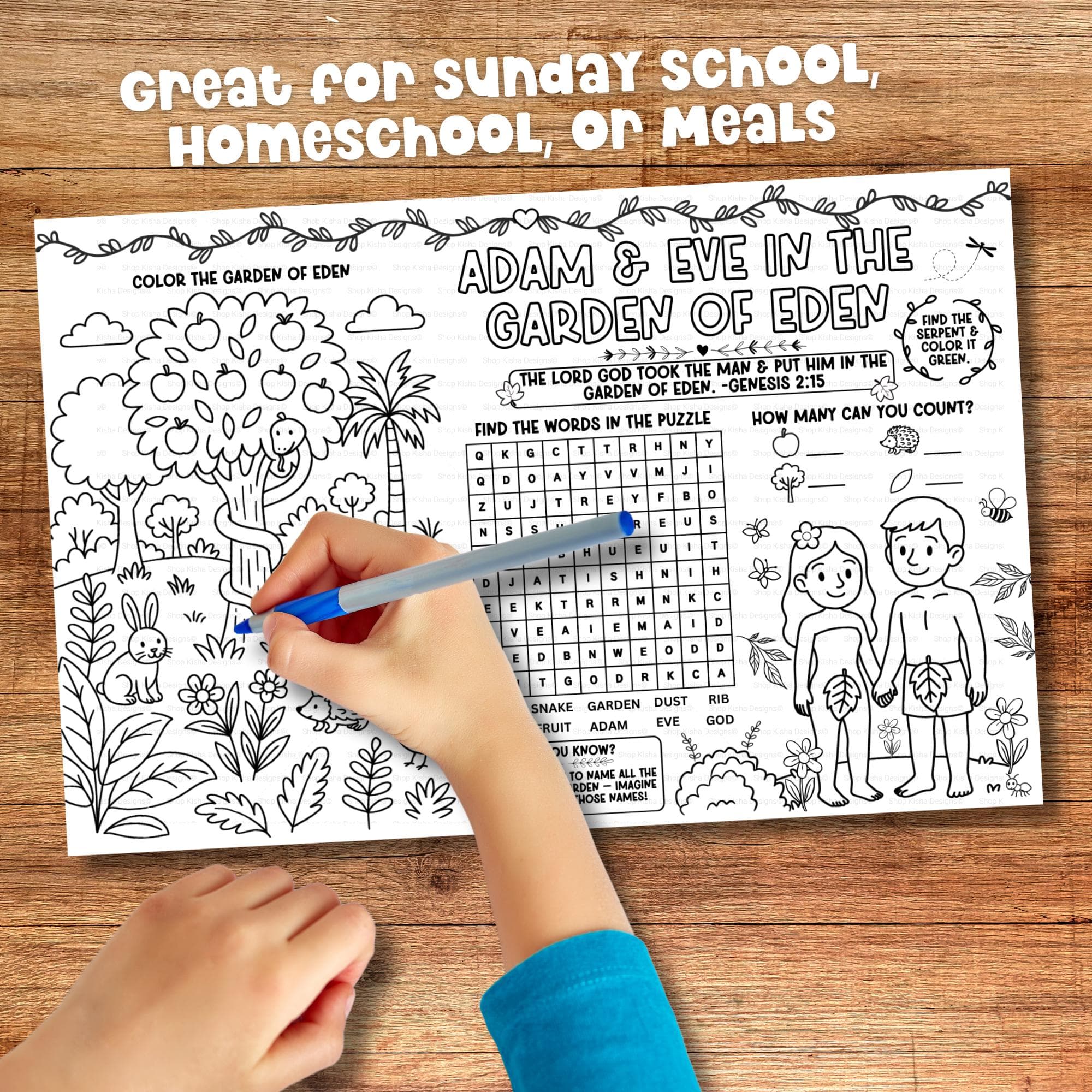 Adam and Eve Bible story activity placemat printable. Includes coloring, Bible characters word search puzzle, and counting activity. Great for Christian preschool or homeschool.