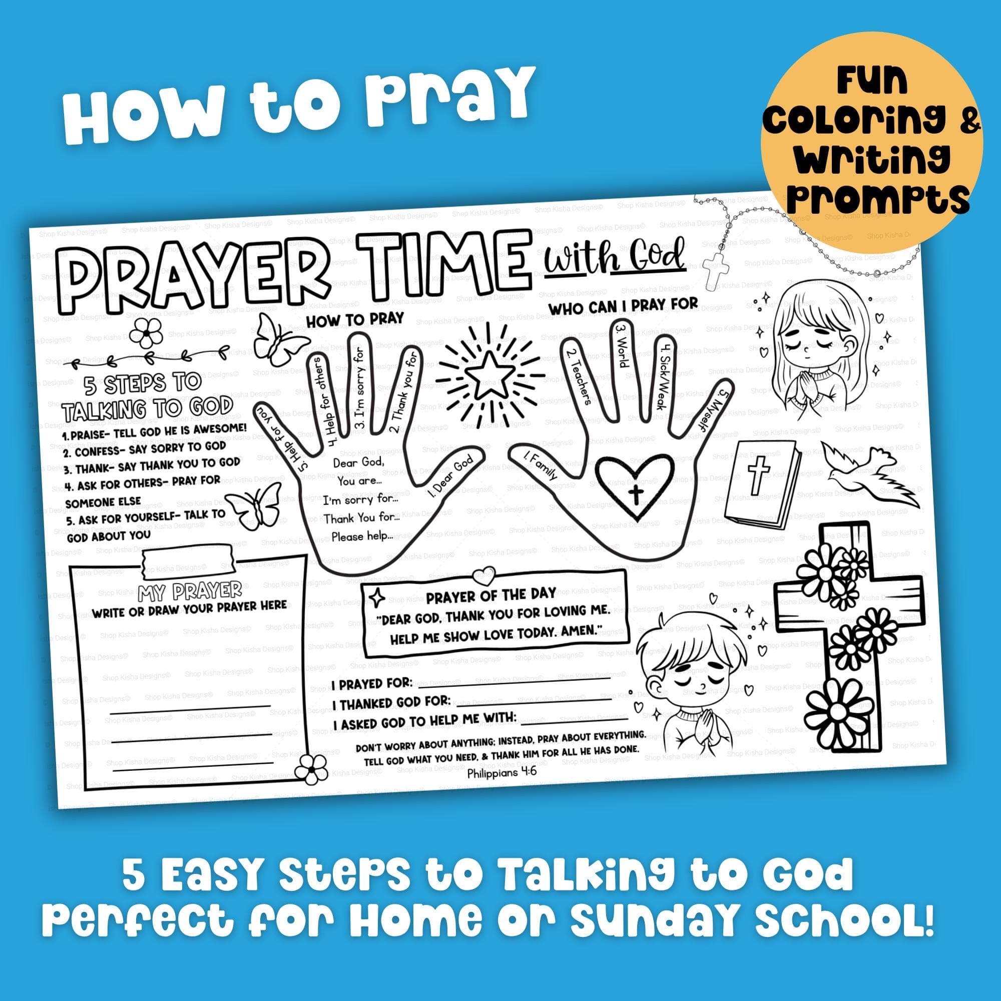 How to pray activity prayer mat showing five steps to talk to God printable bible coloring page for children.