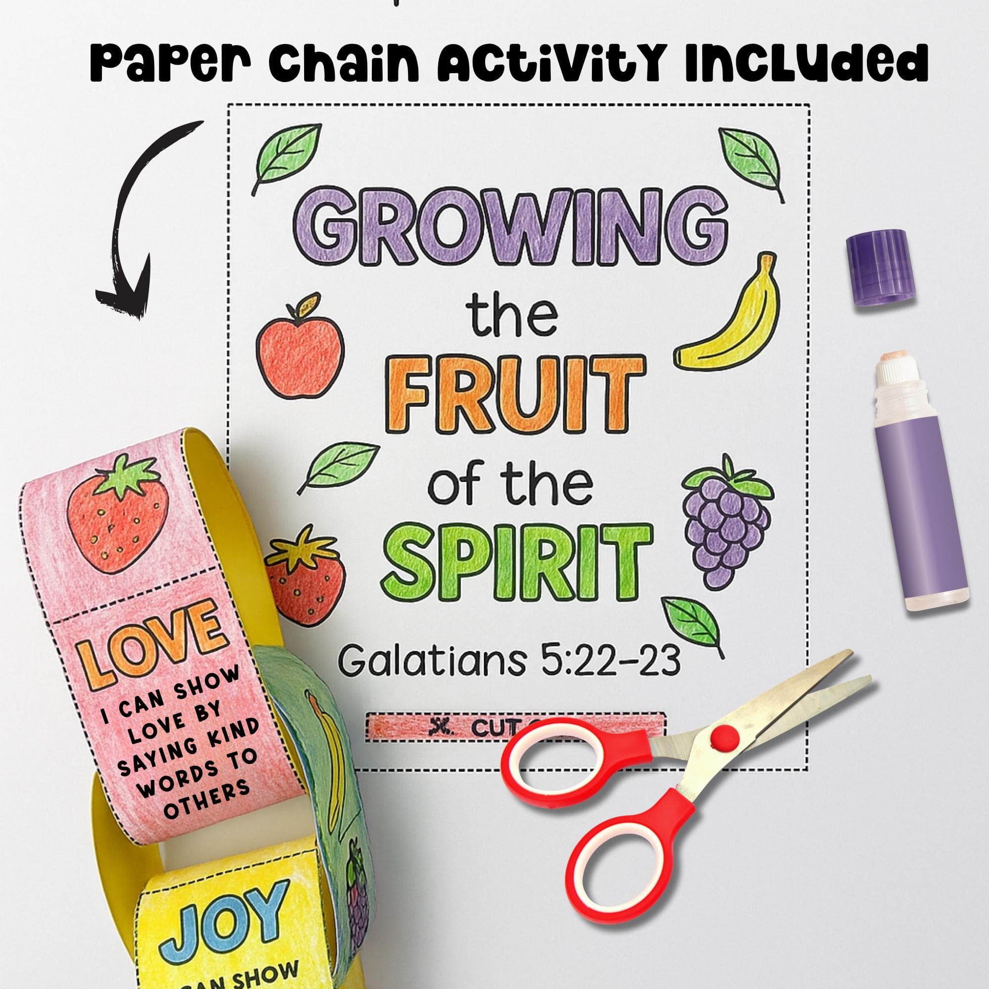 Fruit of the Spirit paper chain craft for kids with Bible verse from Galatians 5:22-23. Christian printable activity showing colorful links like love and joy, perfect for Sunday School, Bible lessons, or faith-based homeschool. Includes scissors and glue to show hands-on fun.