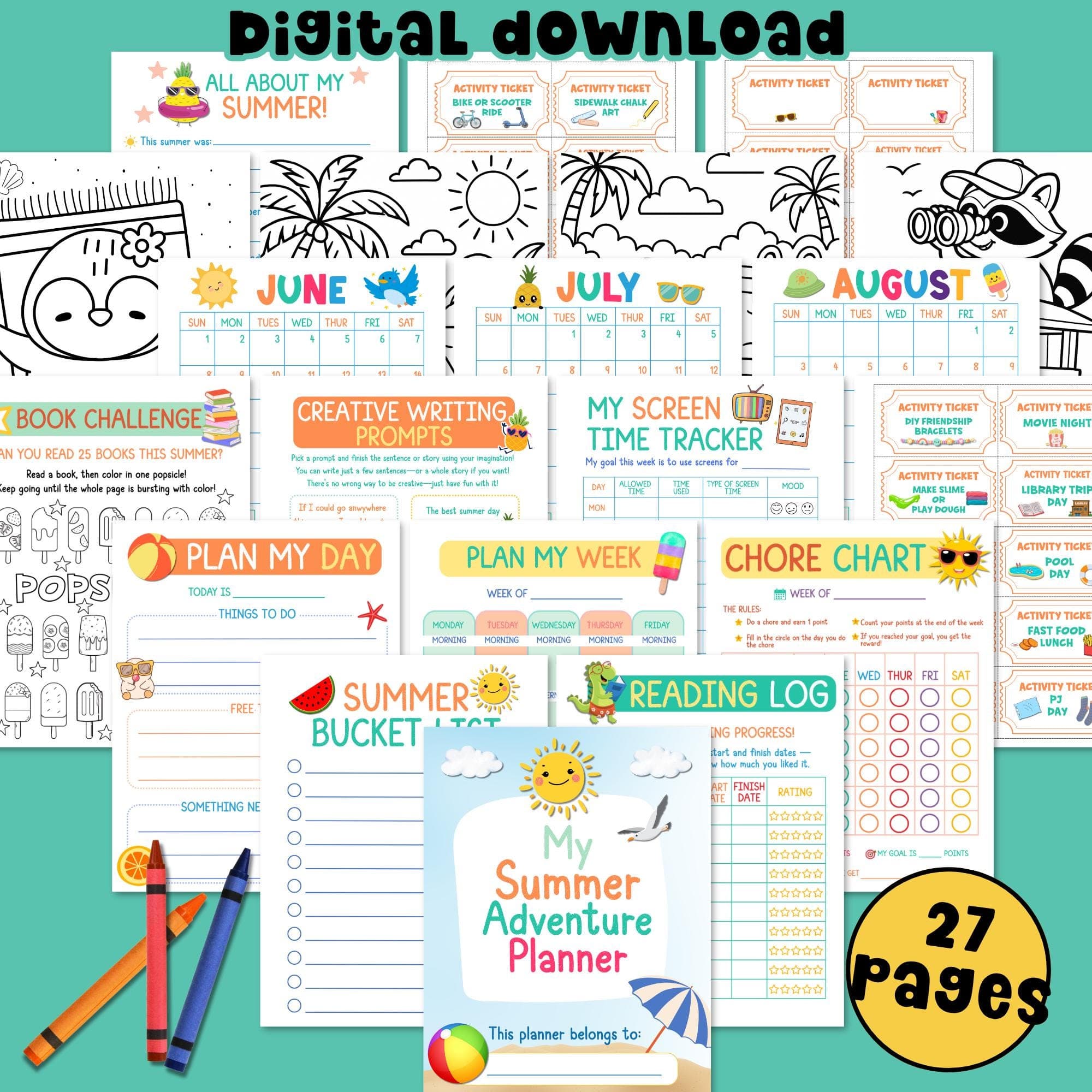 Kid Summer Routine Planner Schedule Weekly Chore Chart Summer Calendar Bucket List Summer Reading Log Activity Printable Screen Time Rules