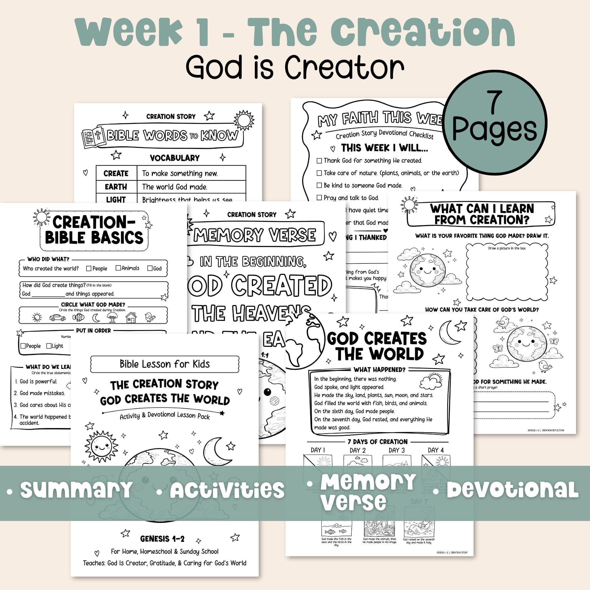 Creation story Bible lesson printable for kids Genesis Bible activity worksheets memory verse coloring and homeschool lesson.