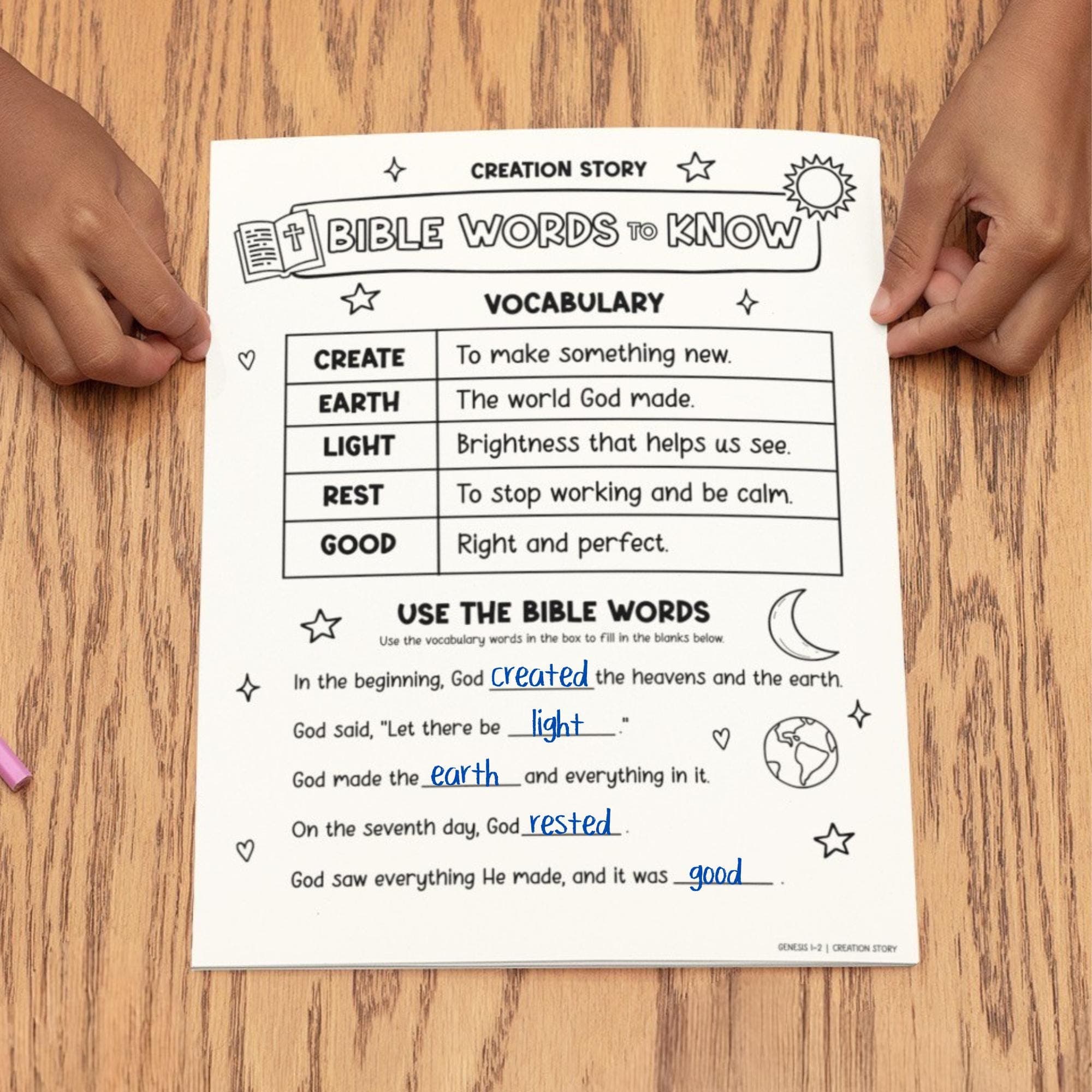 Creation story Bible words worksheet for kids with vocabulary terms like create, earth, light, rest and good, Genesis 1 Sunday school Bible study printable activity for Christian homeschool and church lessons.