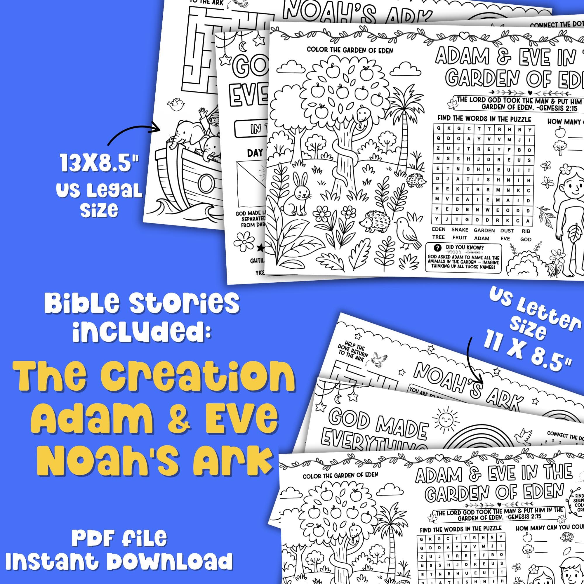 Noahs Ark Bible activity placemat printable. Features Bible verse coloring, crossword puzzle, and match the animals. Fun Sunday school craft and quiet activities for kids.