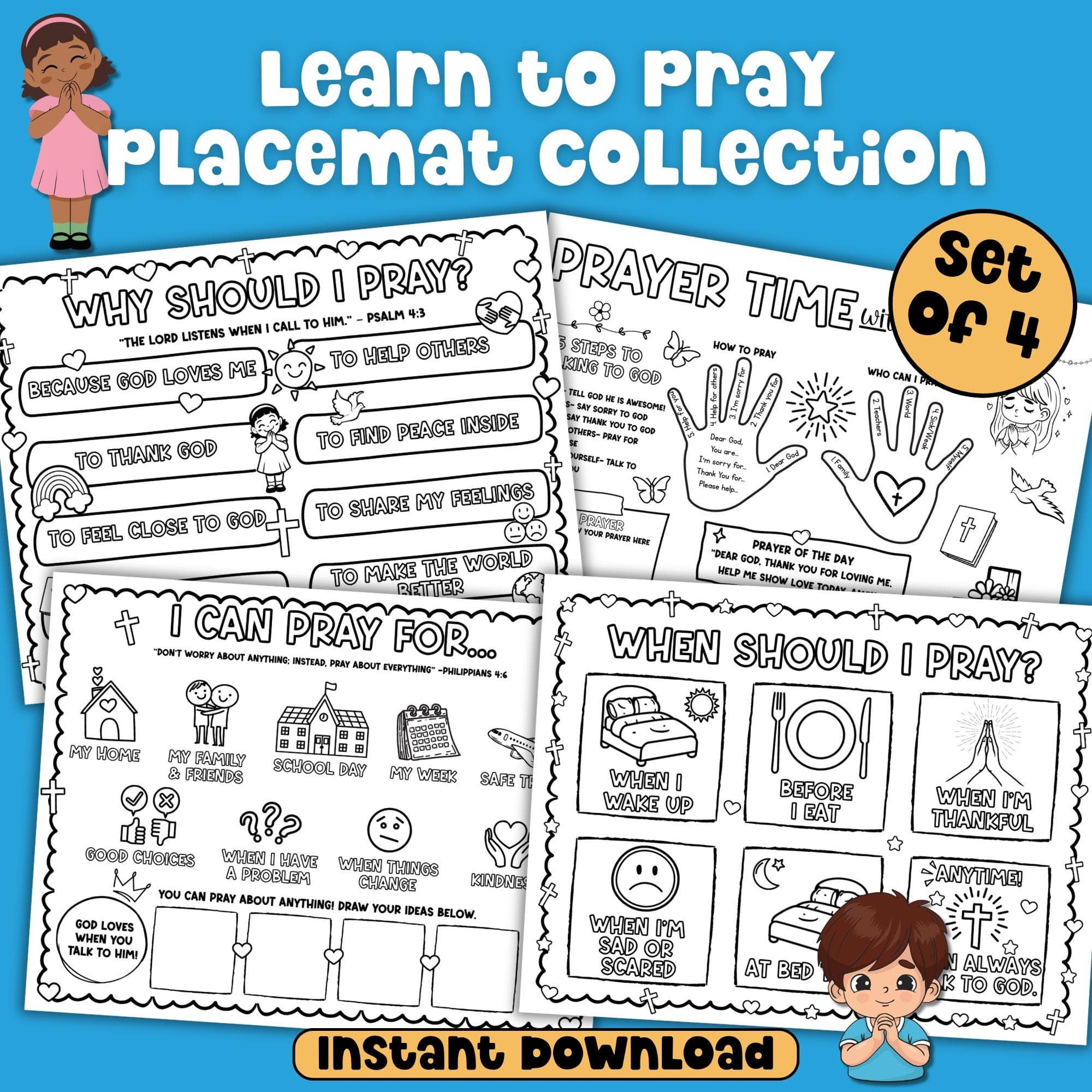 Learn to Pray Activity Placemat Prayer Printable Bible Coloring Page Quiet Activity Faith Based Download Sunday School Lesson Homeschool Mom