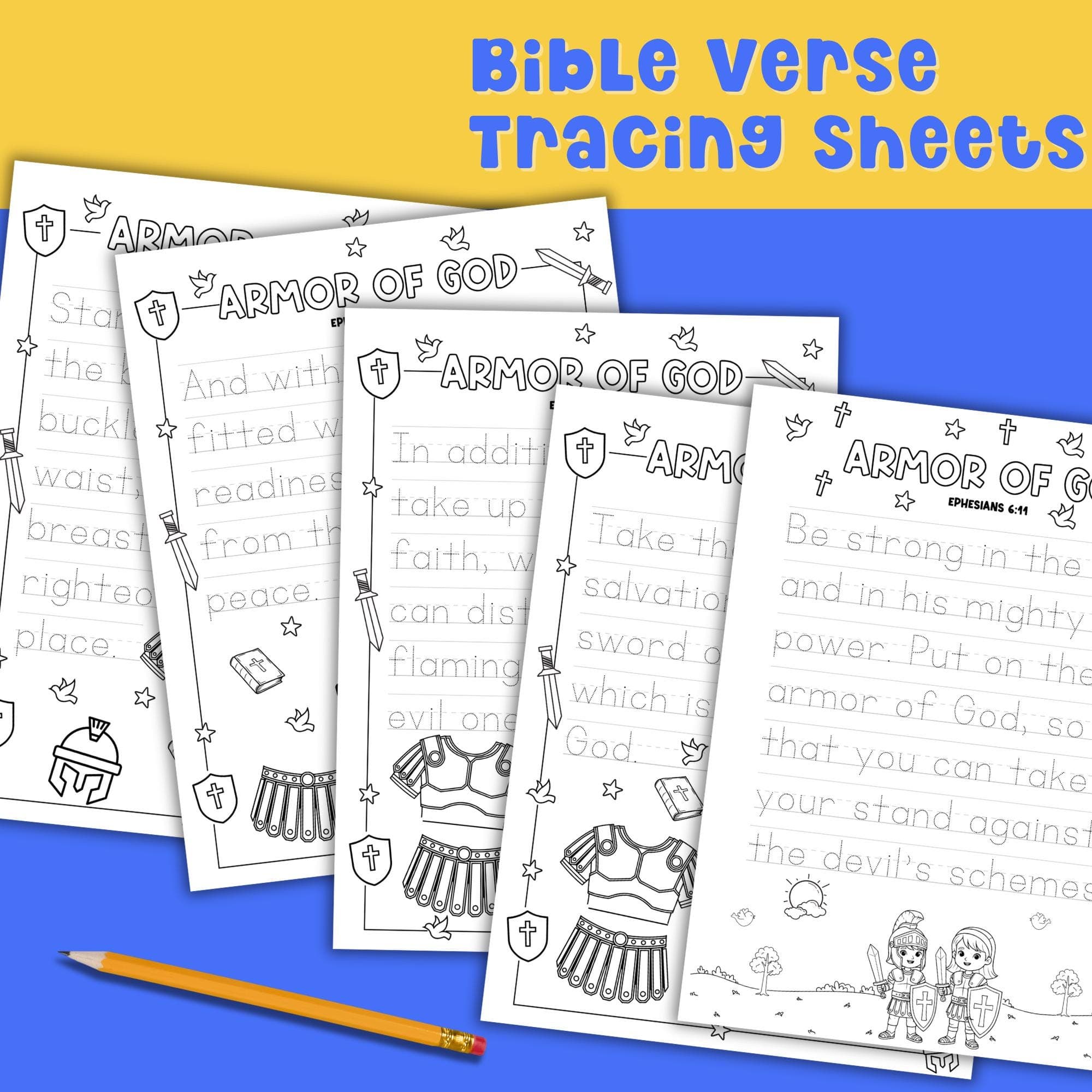 Armor of God printable activity pack for kids with tracing, coloring, labeling, and Bible study worksheets. Great Christian resource for teaching Ephesians 6:10-18 in Sunday school, homeschool, or church lessons.