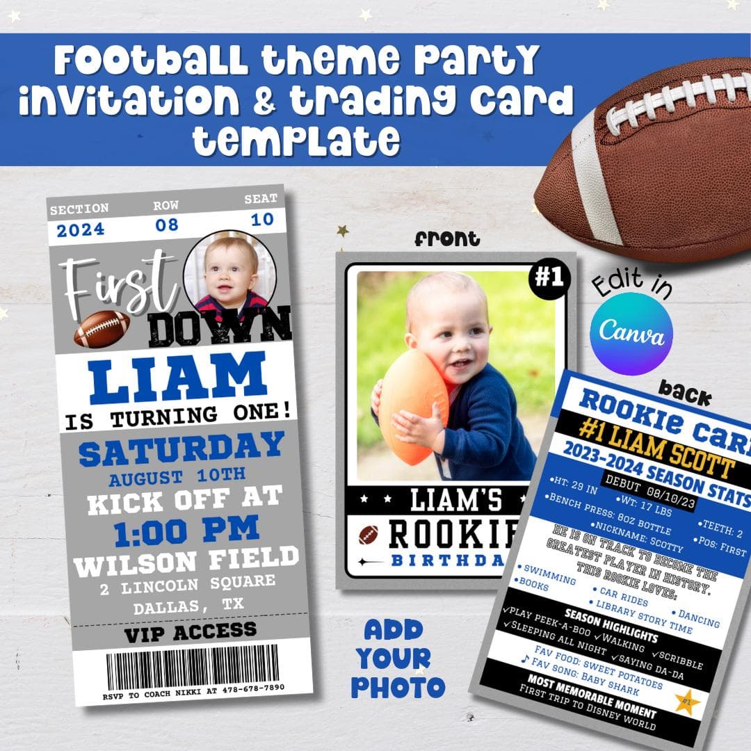 American Football Theme Party One Year Old First Down Birthday Invitation Ticket Template Custom Photo Trading Rookie Card Birthday Invite