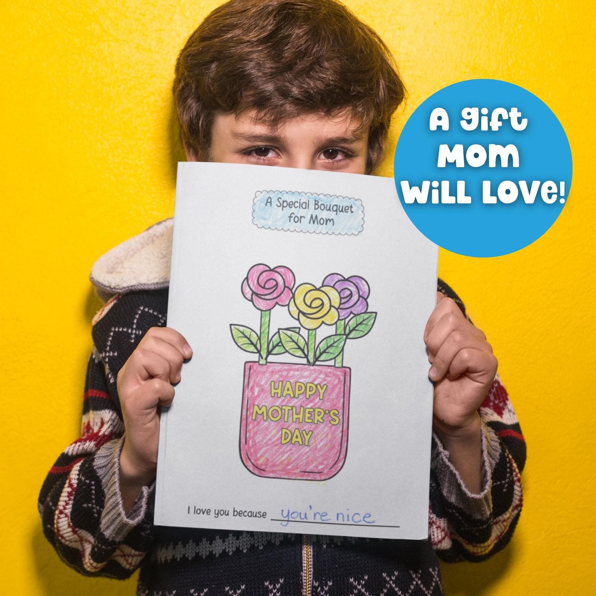 Mom gifts from toddler printable flower bouquet card kids holding finished coloring craft flower art printable Mother’s Day activity.