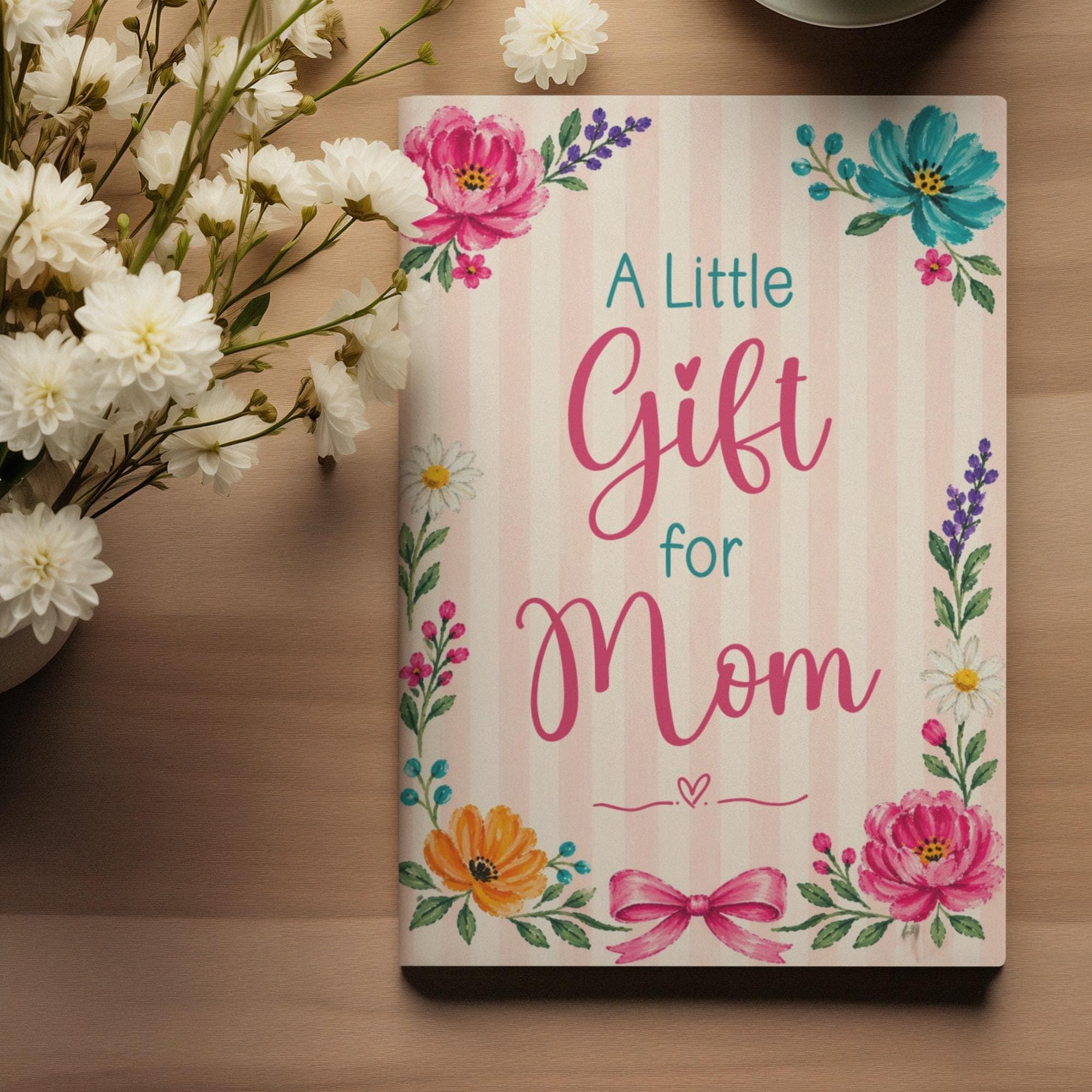 Floral Mother’s Day printable gift card book cover displayed on table with flowers, elegant pink striped gift card booklet for mom keepsake.