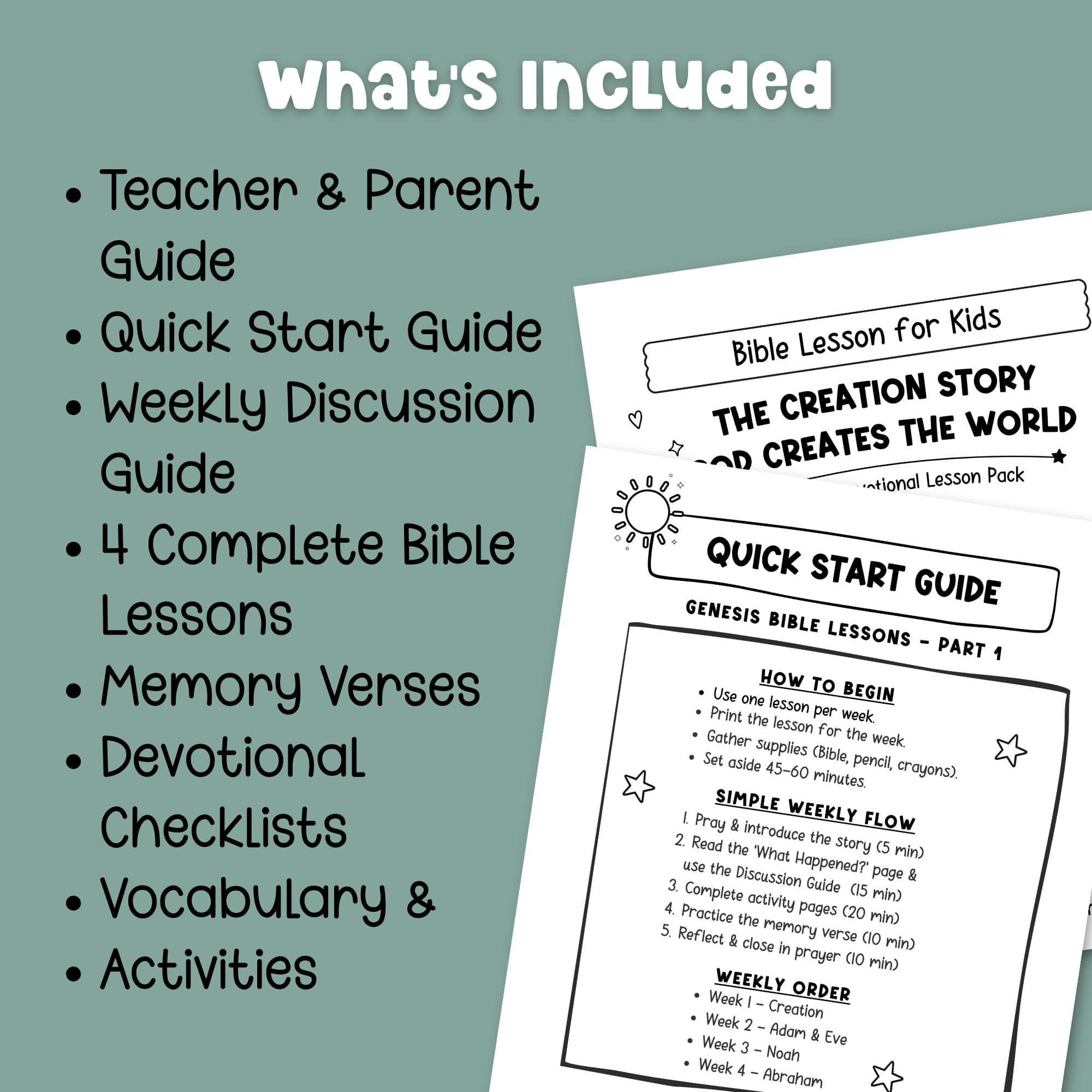 Genesis Bible study printable bundle includes teacher guide discussion questions vocabulary activities memory verses and devotionals.