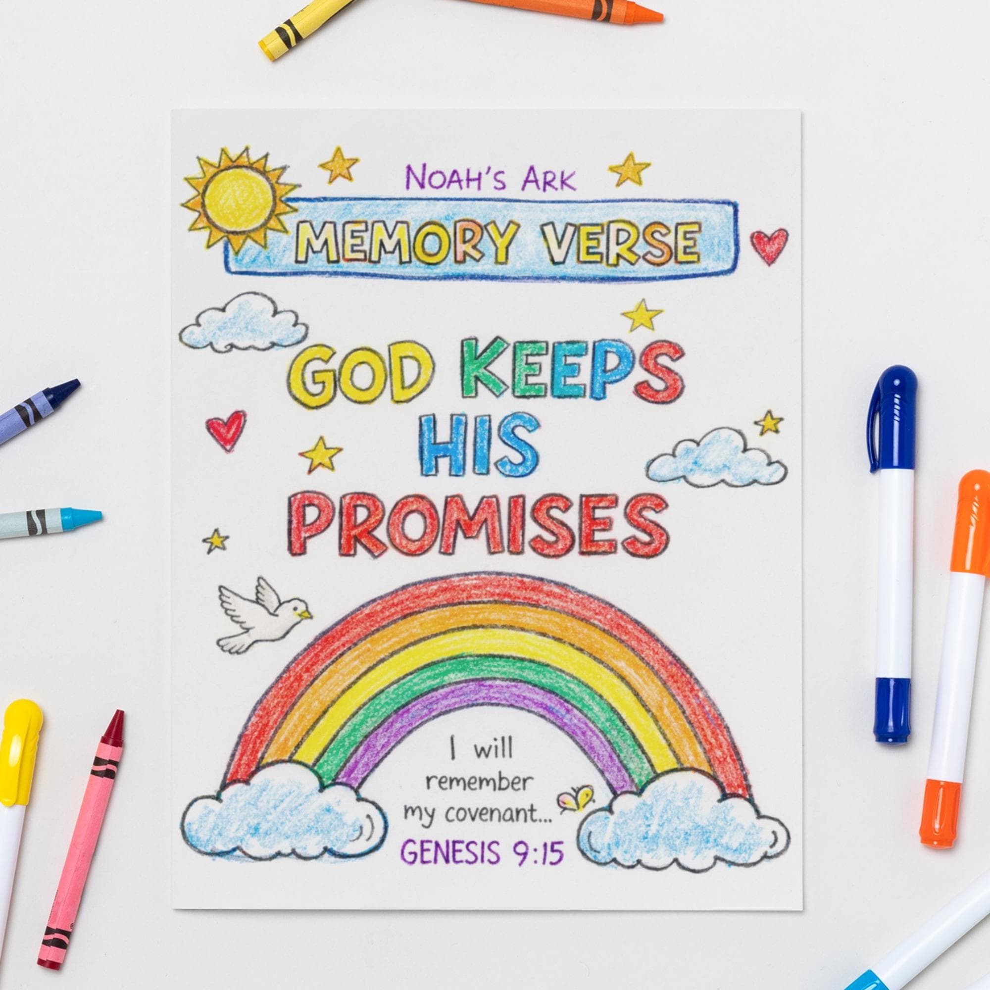 Genesis 9:15 memory verse coloring page from Noah’s Ark printable, Christian homeschool Bible study guide and Sunday school coloring activity for kids.