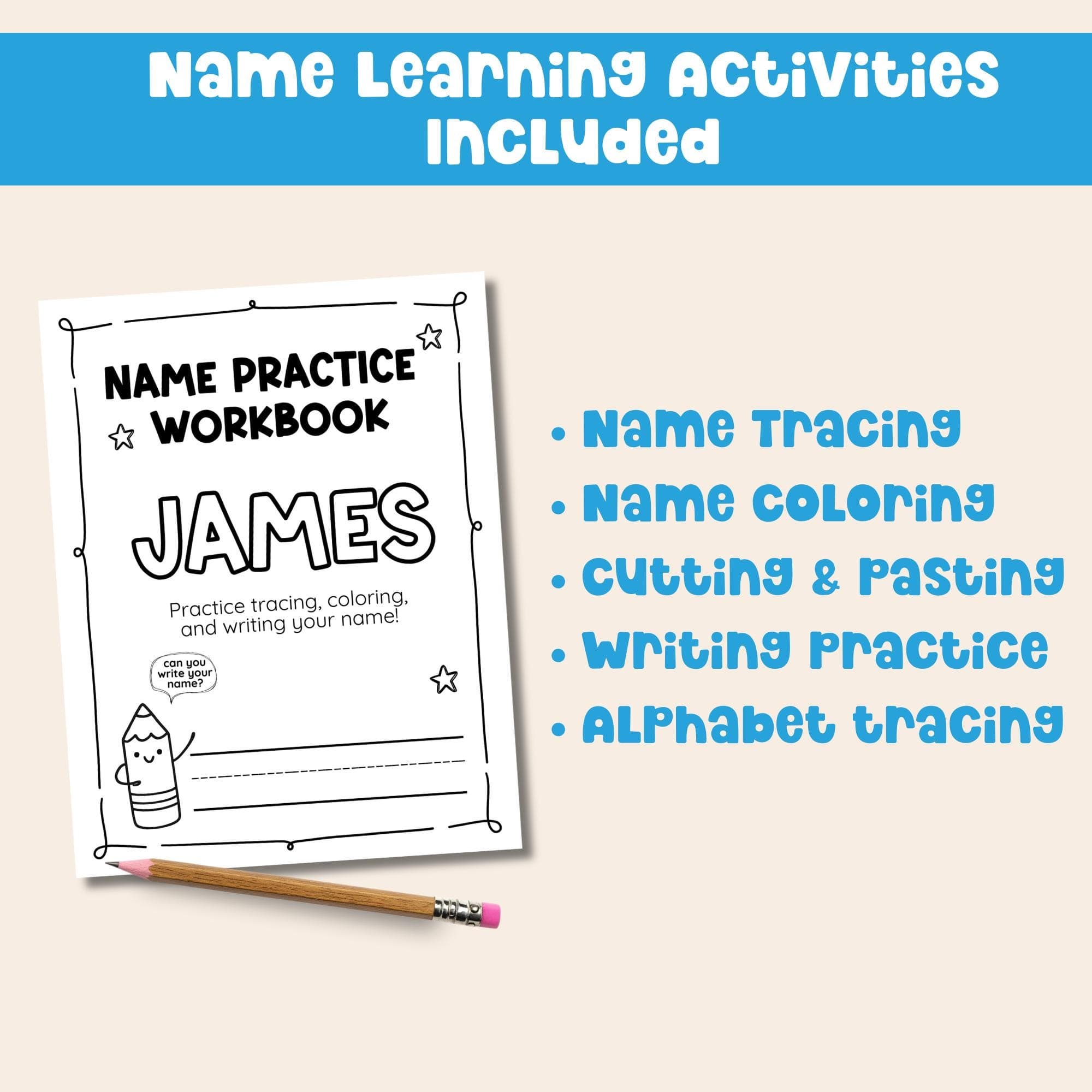 Personalized name tracing workbook printable for preschool kids including name tracing, name coloring, cutting and pasting, alphabet tracing and writing practice.