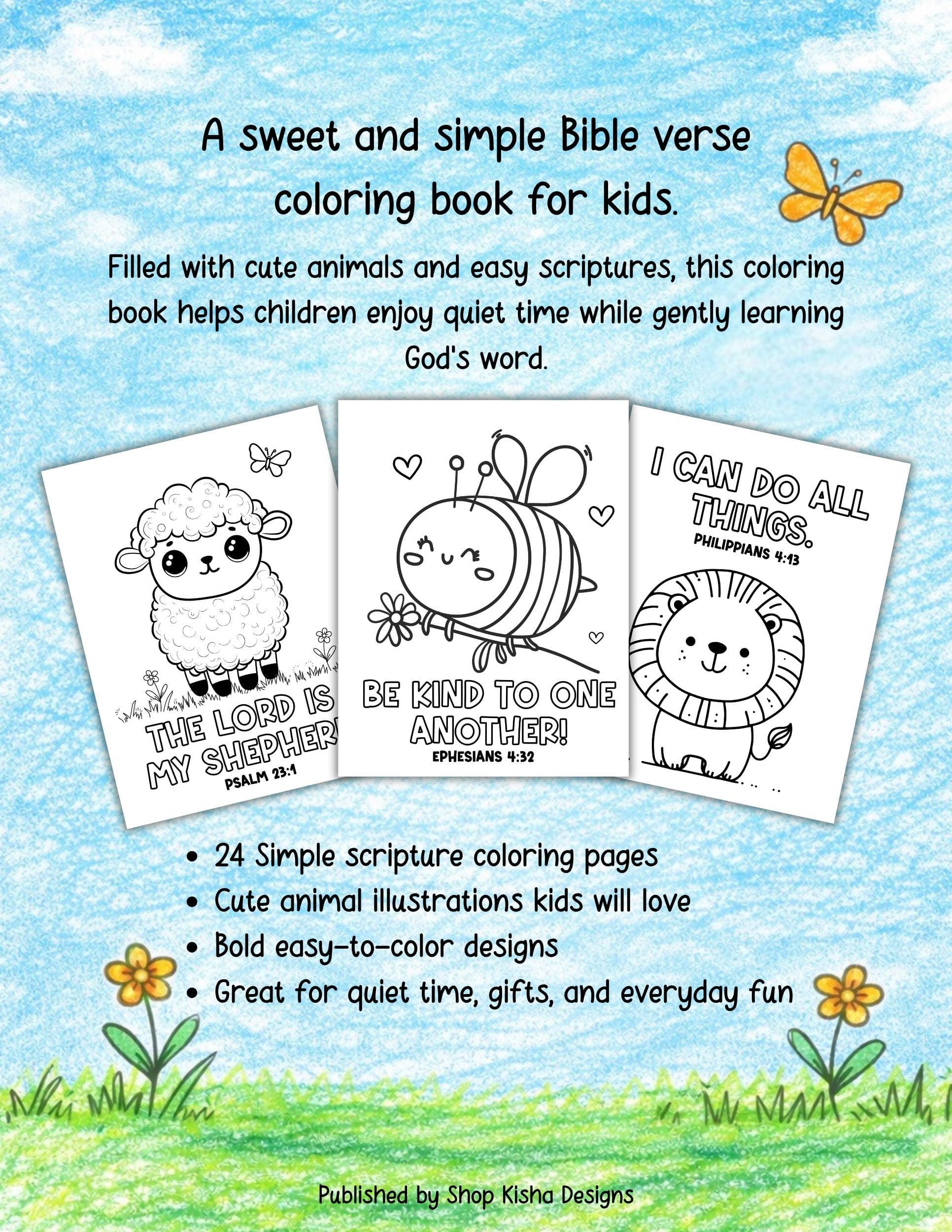Back cover of Bible coloring book for kids showing book details features and sample scripture coloring pages.