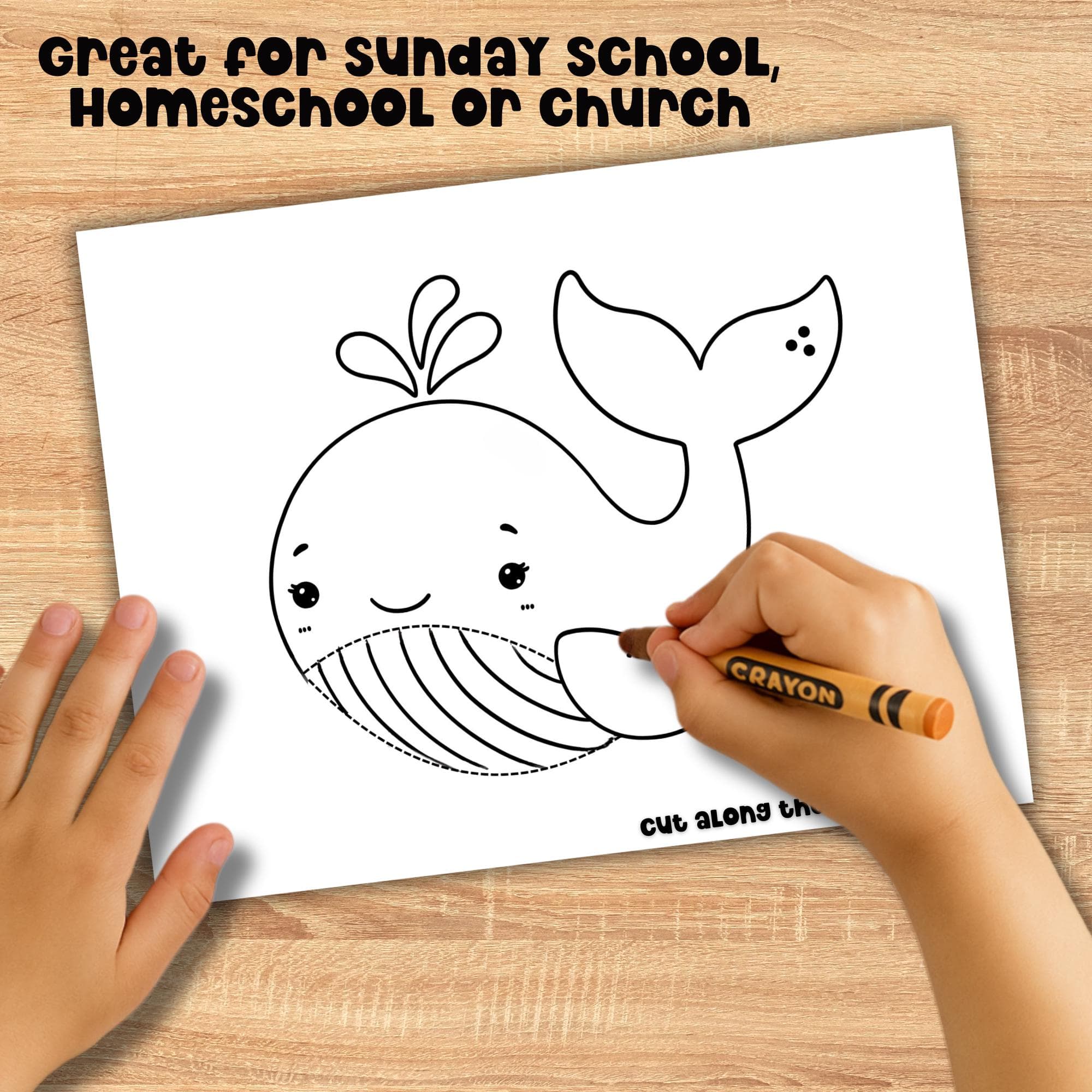Child coloring Jonah and the Whale Bible craft printable, fun Sunday school activity with cut and paste whale template.