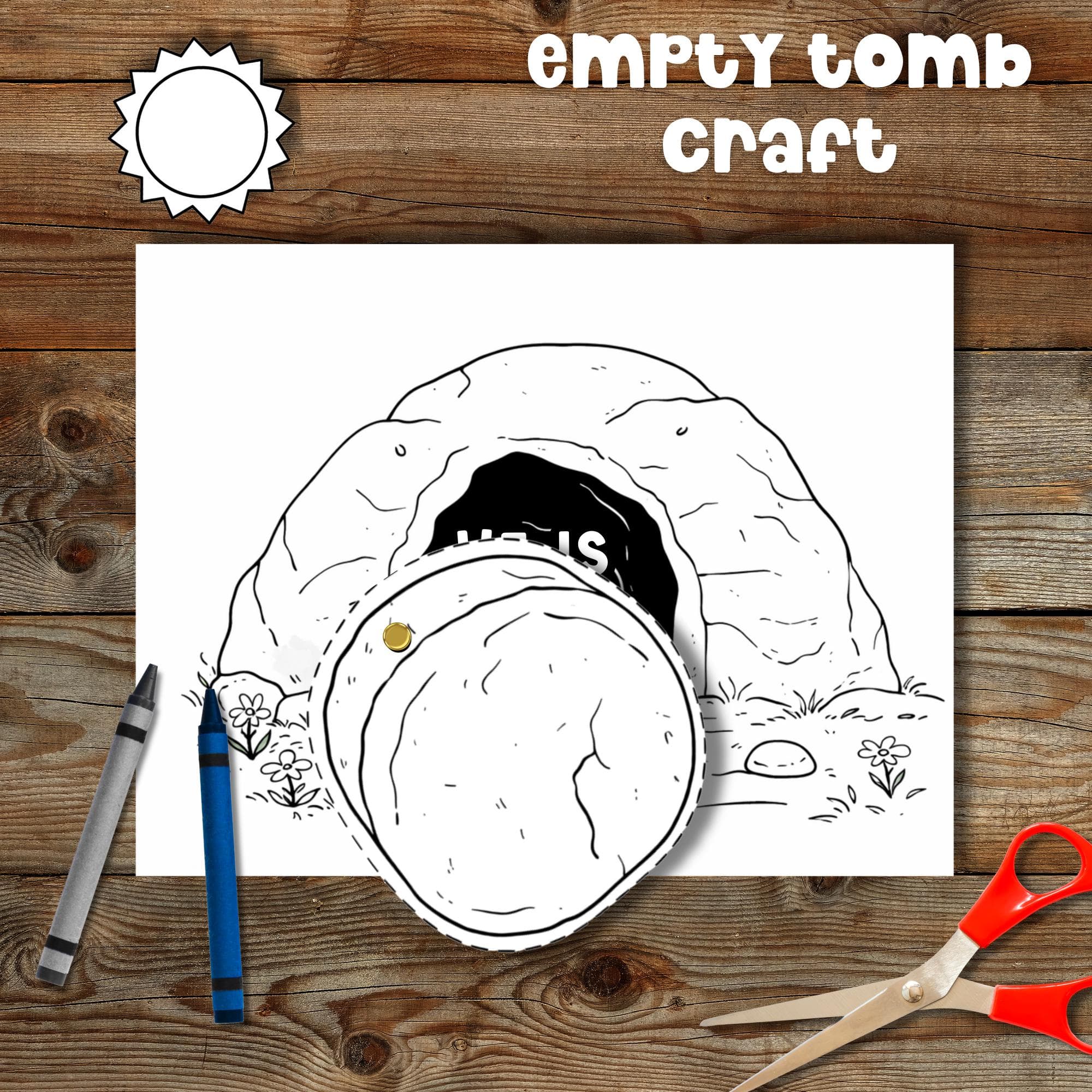 Easter Bible craft printable showing empty tomb activity for kids ministry, hands-on Bible lesson for Easter Sunday.
