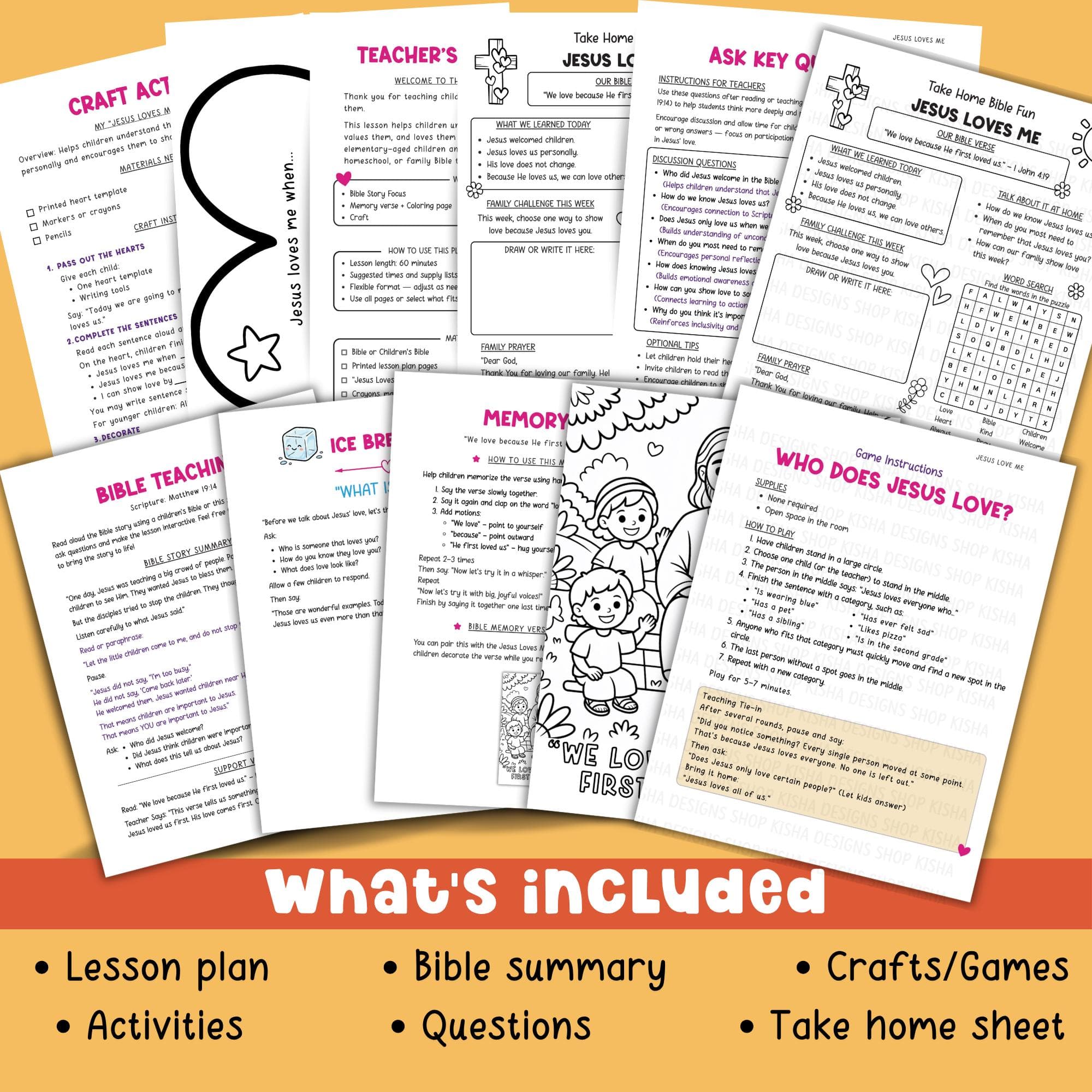 Jesus Loves Me Bible lesson plan for kids printable Sunday School activity showing what is included lesson plan Bible summary craft game activities questions and take home sheet for children's ministry.