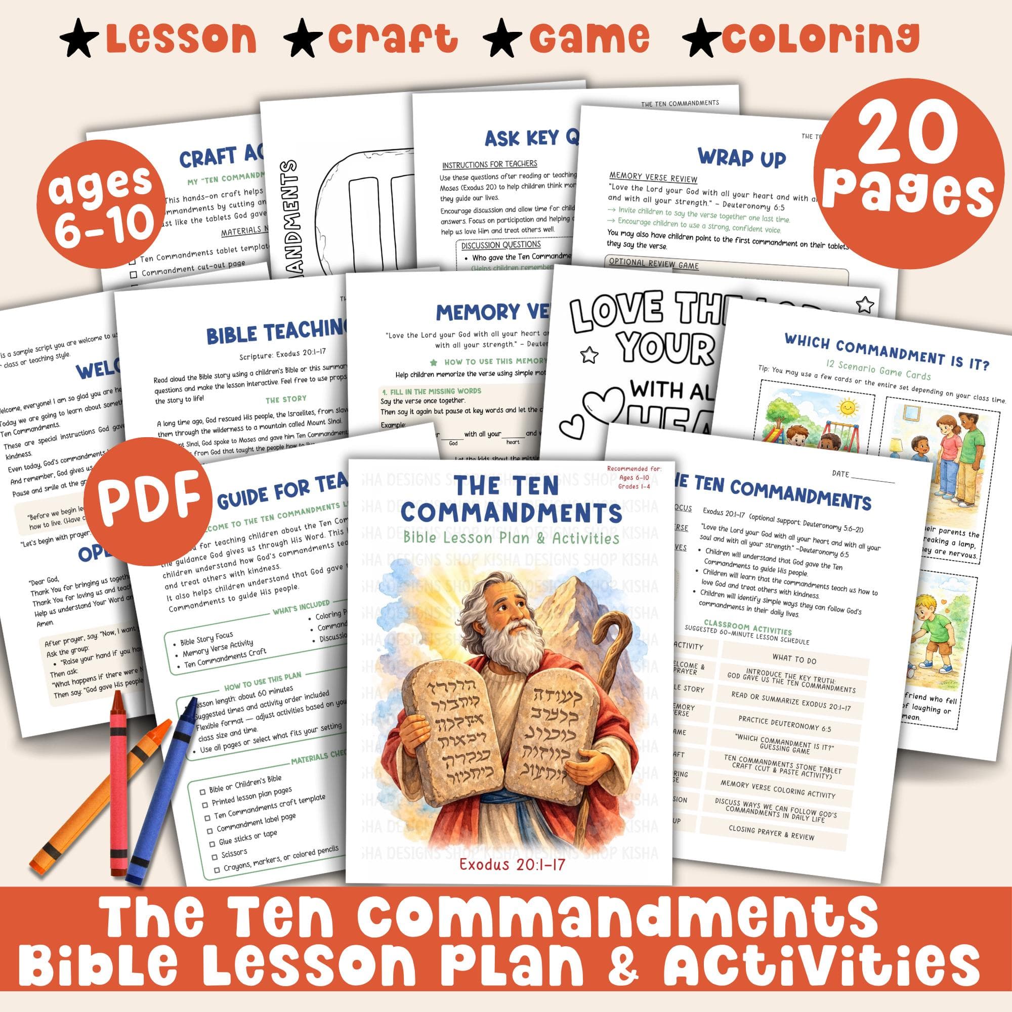 Ten Commandments Bible Lesson for Kids, Sunday School Activity, Bible Craft Printable, Old Testament Story, Christian Coloring Worksheet