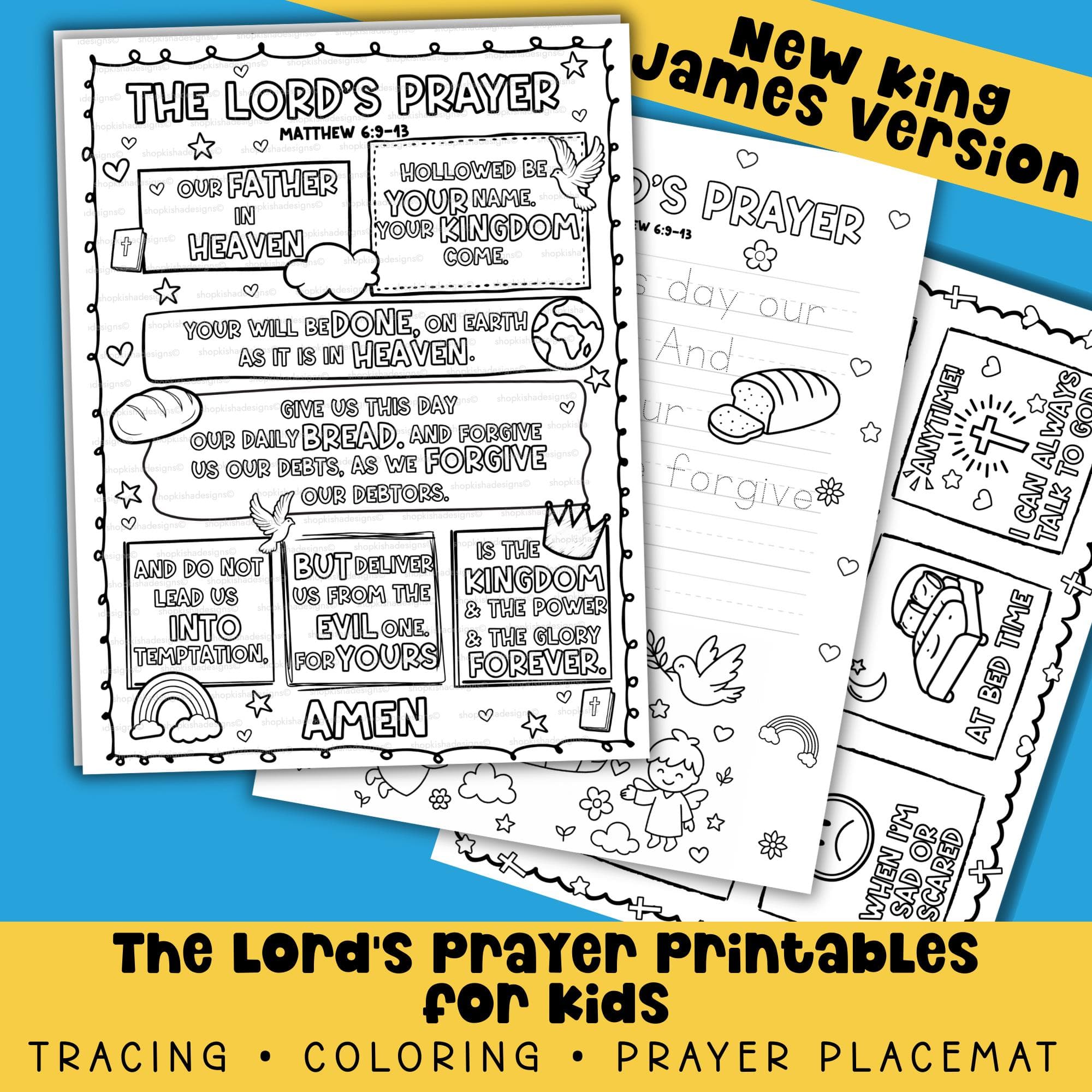 The Lord’s Prayer printables for kids in New King James Version. Set includes coloring page, tracing worksheets, and prayer placemat for Sunday School or homeschool.
