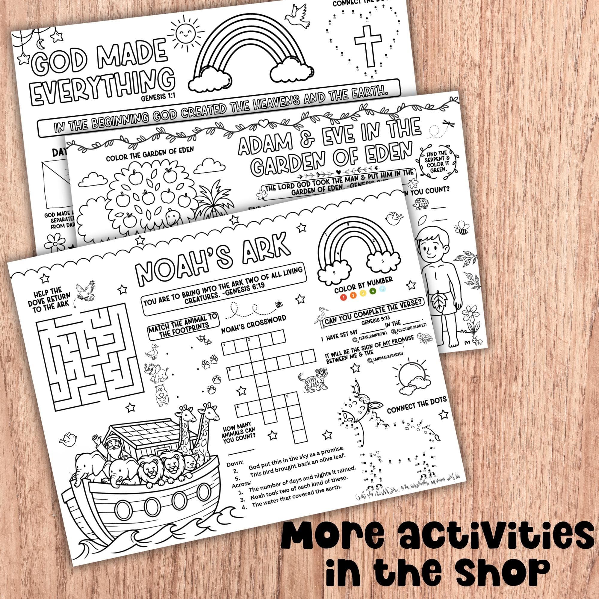 Christian printable activities for kids Bible coloring pages Noah’s Ark Genesis creation Adam and Eve worksheets Sunday school resources children’s ministry printables.