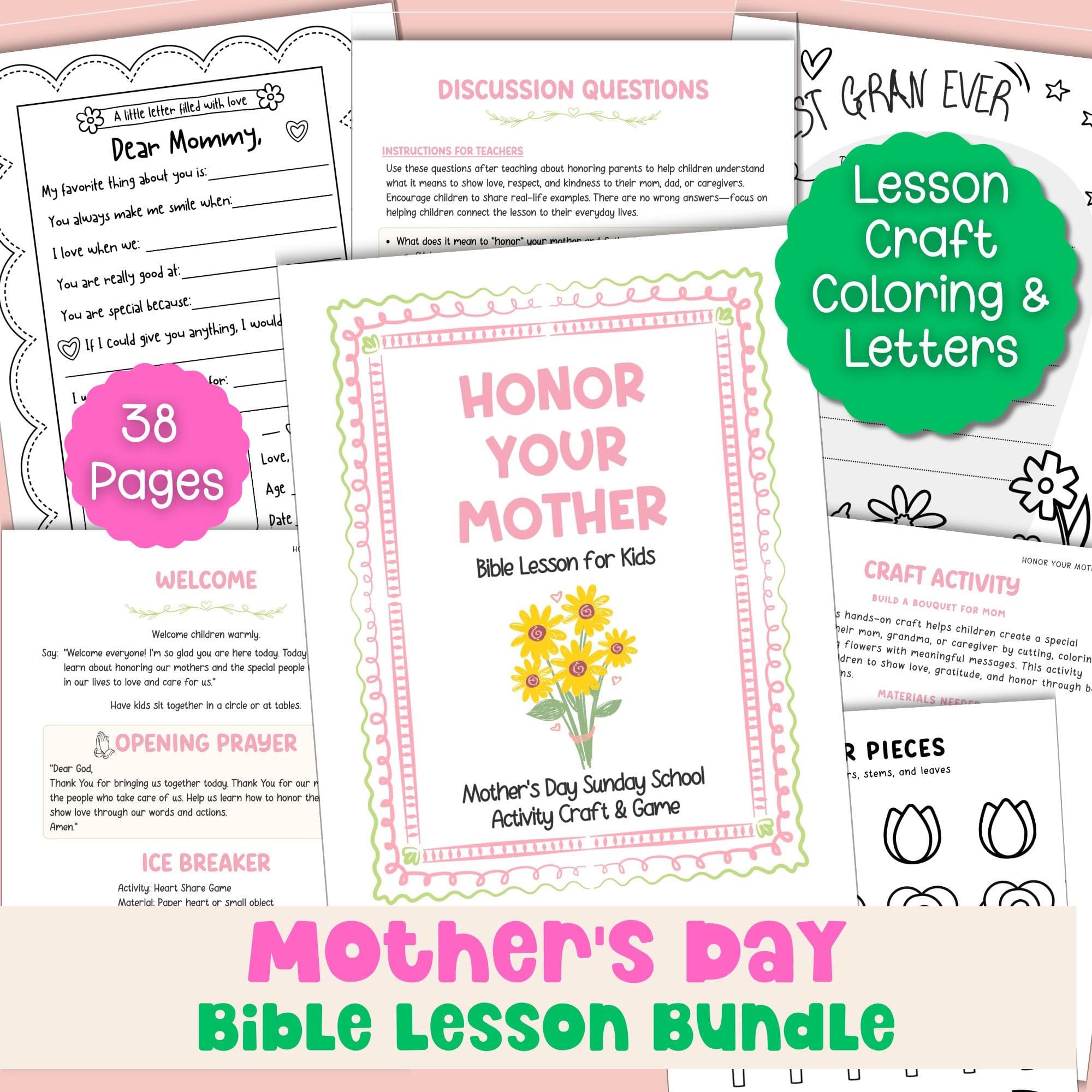Mothers Day Bible Lesson Bundle for Kids Dear Mom Letters Bible Verse Coloring Build a Bouquet Christian Activity Childrens Ministry