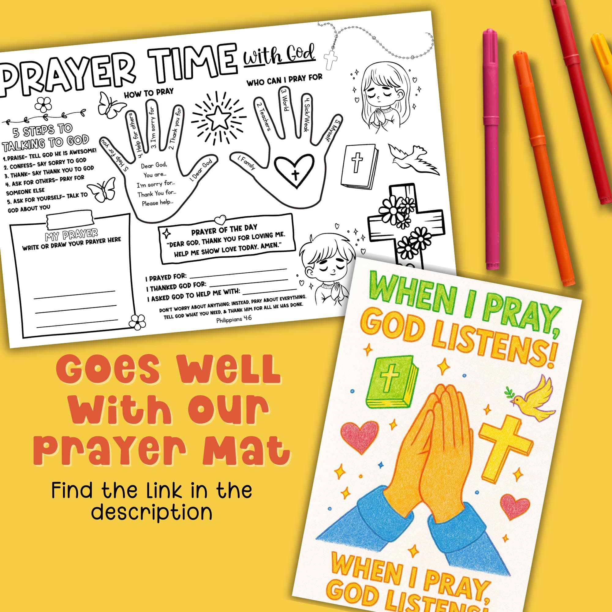 Completed Lord’s Prayer tracing worksheet colored with crayons, children’s Bible handwriting practice and Christian coloring activity for kids.