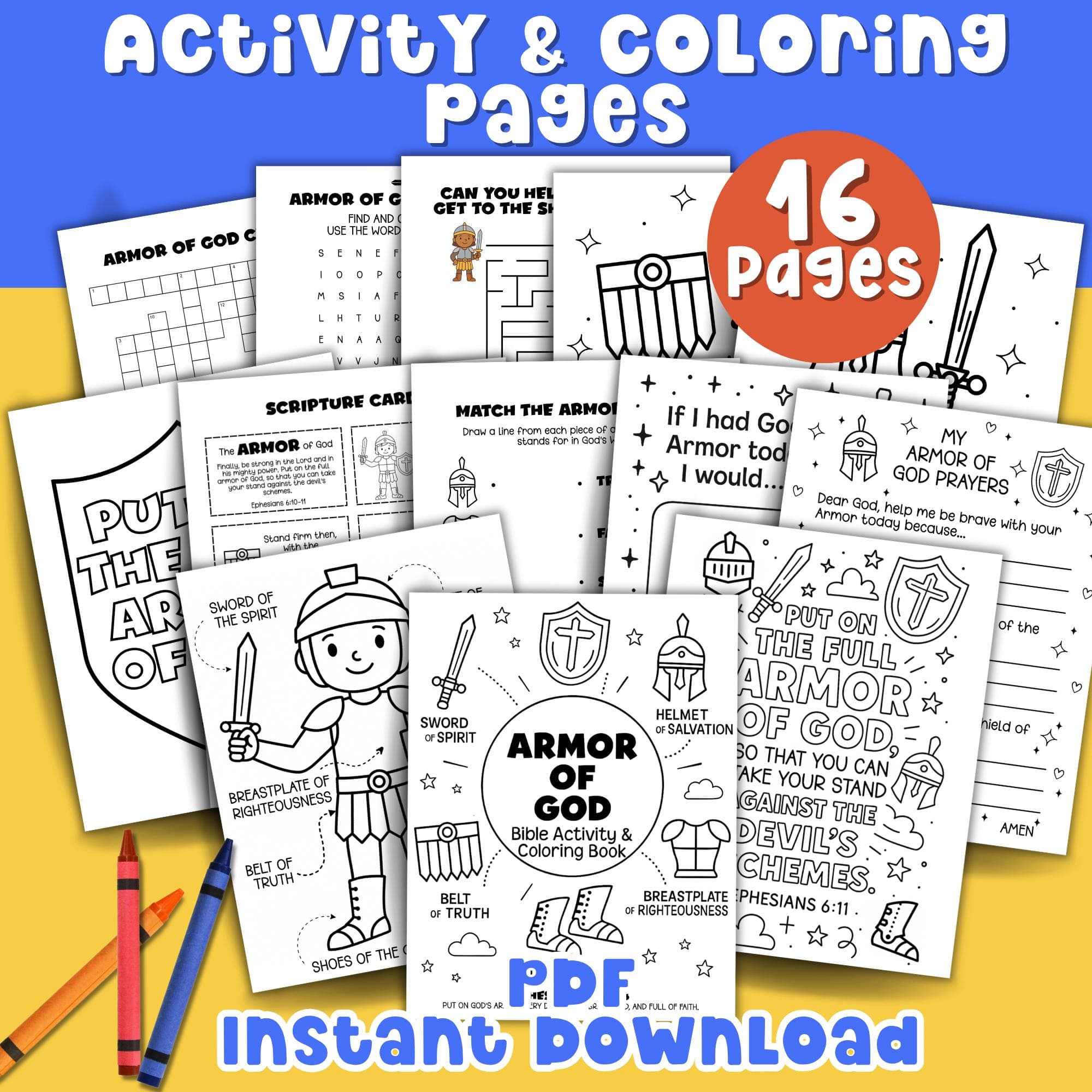Armor of God Printable Kid Bible Verse Coloring Sheet Bible Scripture VBS Activity Kid Bible Study Guide & Bible Game Crossword Puzzle