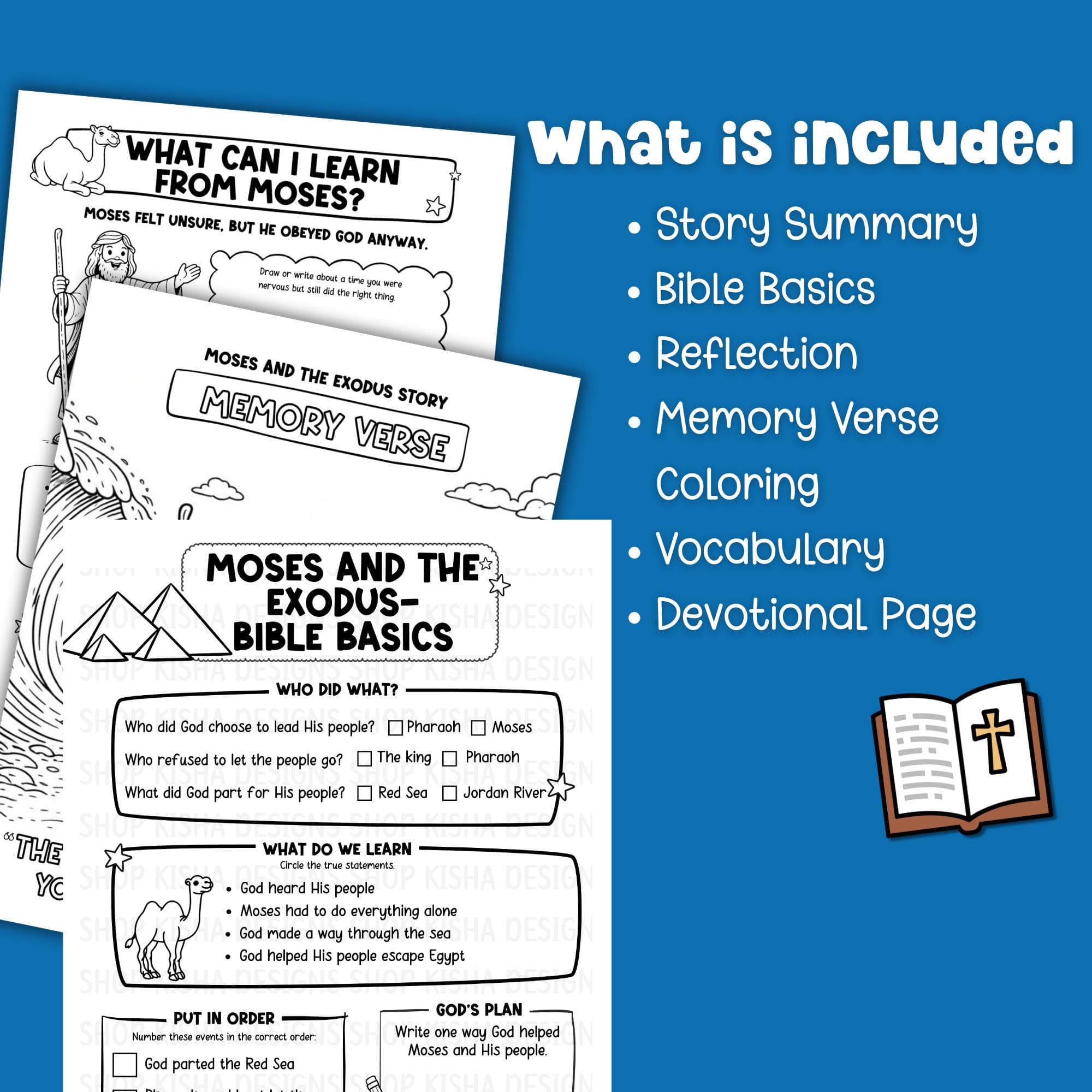 Moses and the Exodus printable lesson pack overview showing story summary, Bible basics, reflection, memory verse coloring, vocabulary, and devotional page.