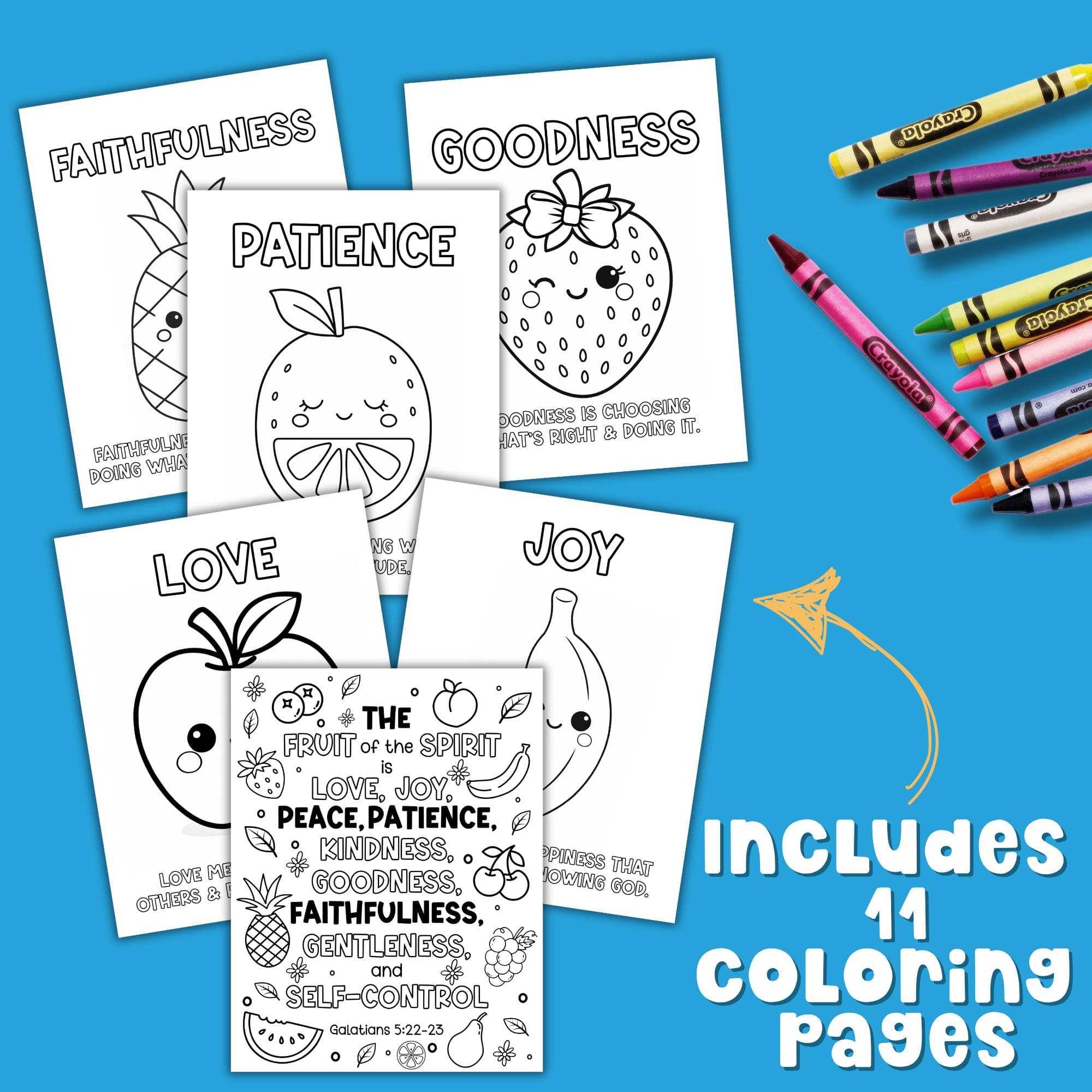 Fruit of the Spirit coloring pages for kids featuring 11 printable Bible verse sheets with cute fruit characters. Christian coloring activity for Sunday School, homeschool, or VBS based on Galatians 5:22–23. Includes pages for love, joy, peace, patience, kindness, goodness, faithfulness, gentleness, and self-control.