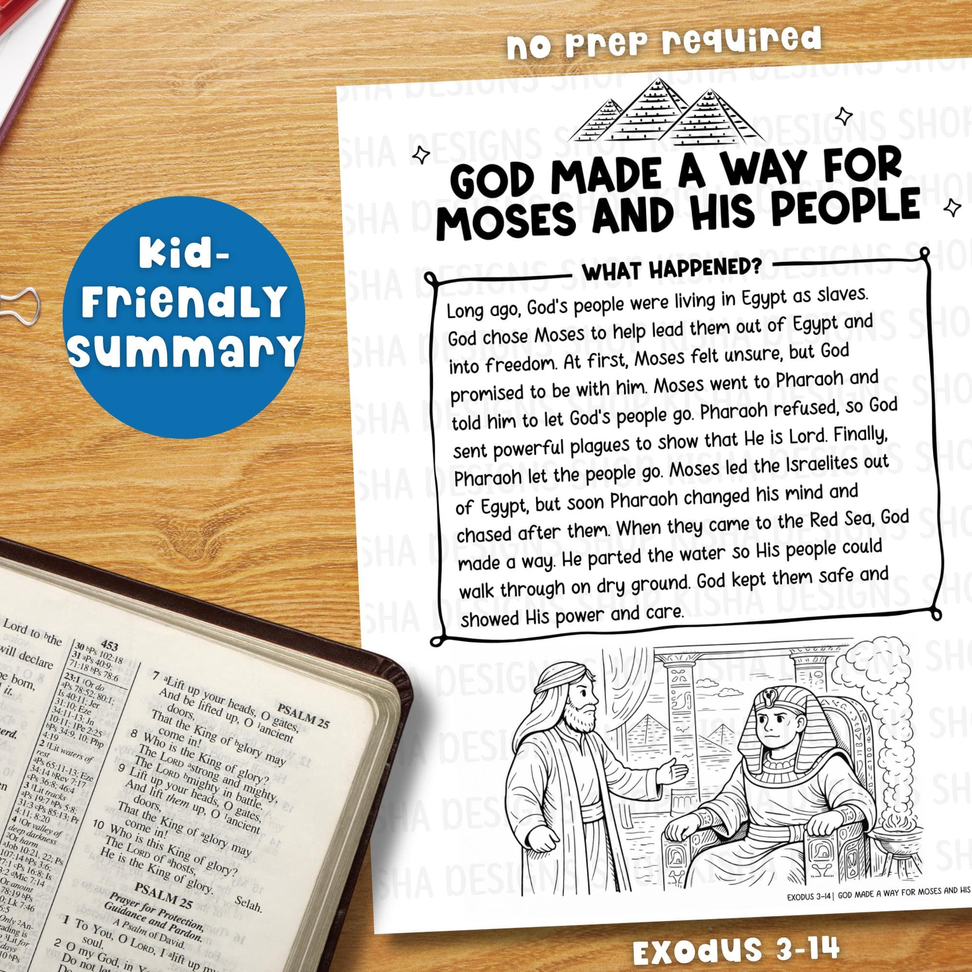 No prep Moses Bible lesson printable page for kids featuring reflection activity, faith-based writing prompts, and homeschool Bible lesson practice.
Kid-friendly Moses and the Exodus story summary page with simple printable Bible reading passage for Sunday school, homeschool, and Bible education.