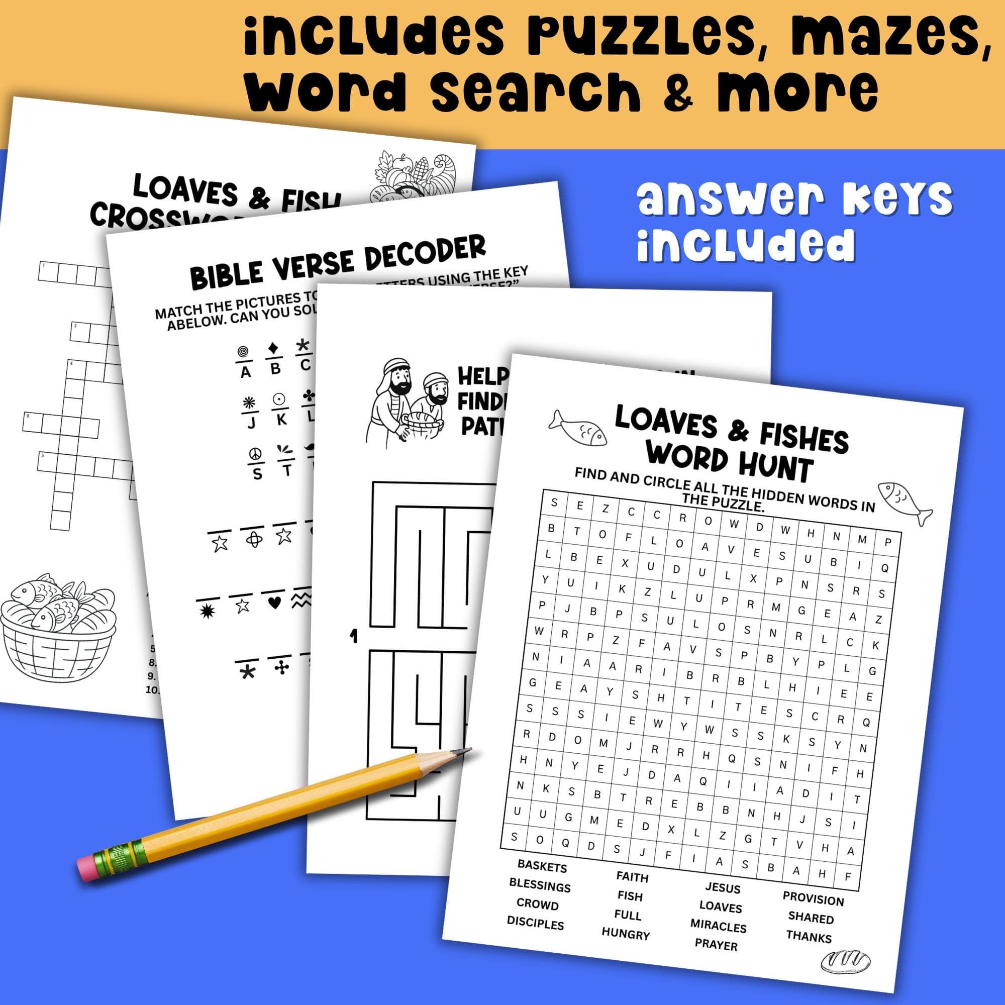 Printable Bible activity book with puzzles, mazes, word search, crossword, and Bible verse decoder. Jesus Feeds the Five Thousand Loaves and Fish kid Bible games for homeschool, Sunday School, and church quiet book.