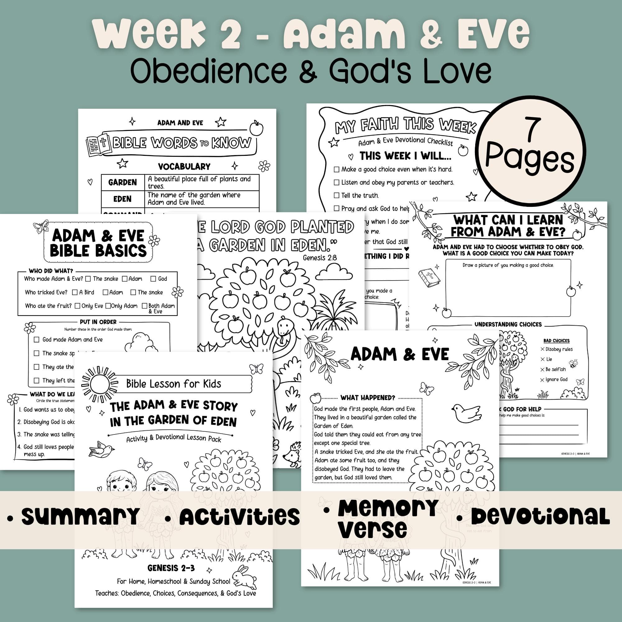 Adam and Eve Bible story lesson printable for kids with coloring activity worksheets memory verse and Christian discussion.