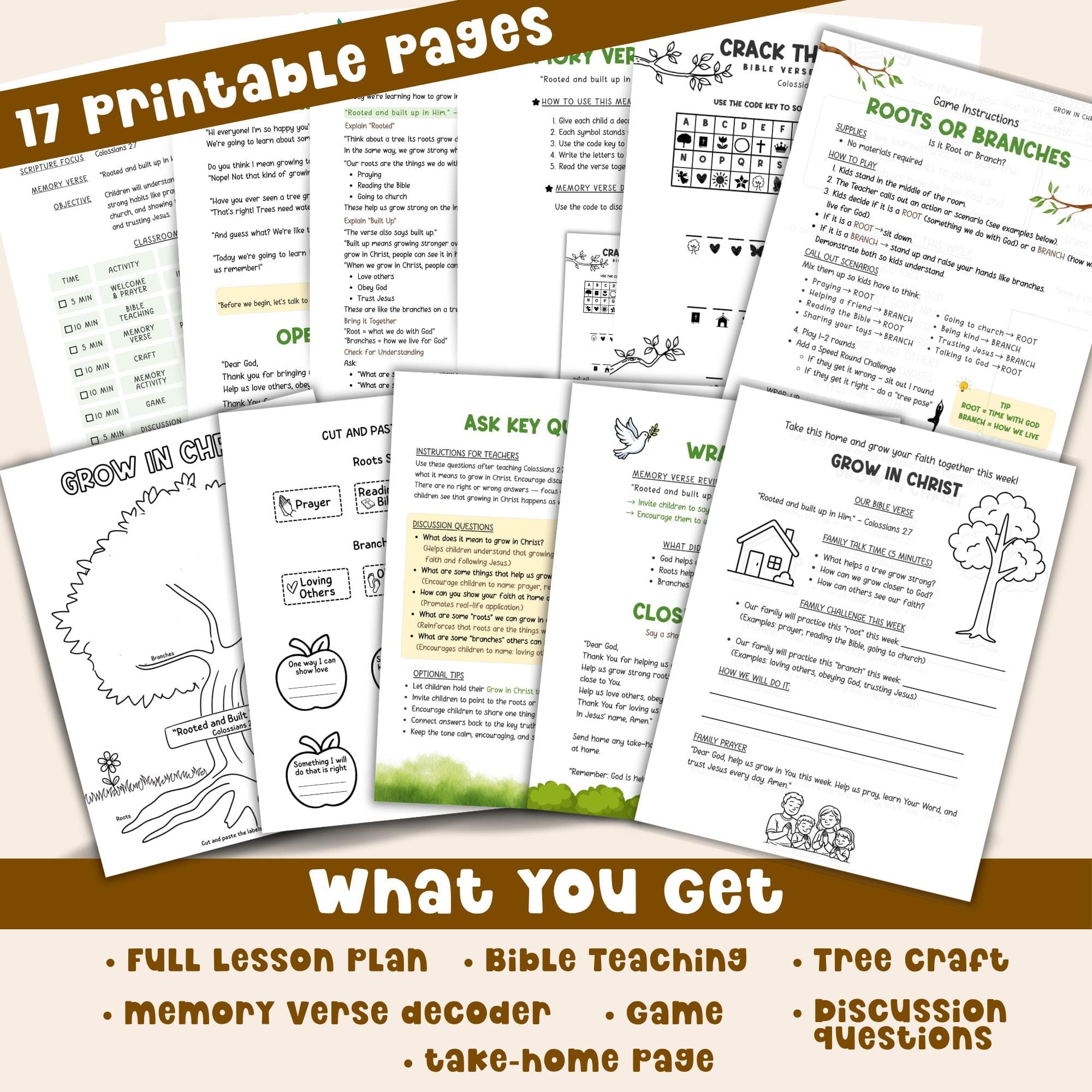 Growing in Christ Bible lesson bundle printable includes 17 pages craft memory verse decoder game discussion questions Sunday school homeschool.